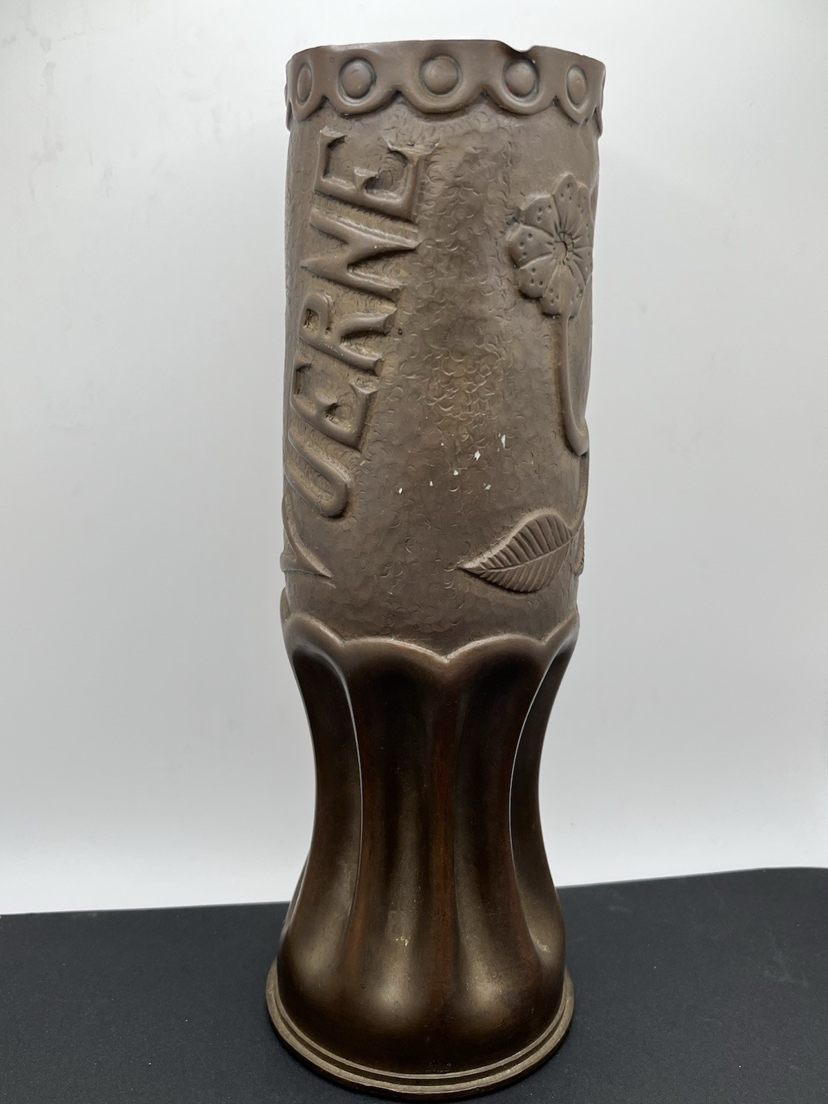 WWI 1914 18 Pounder Trench Art Shell 11” Vase Repoussé Floral VSM Well Marked