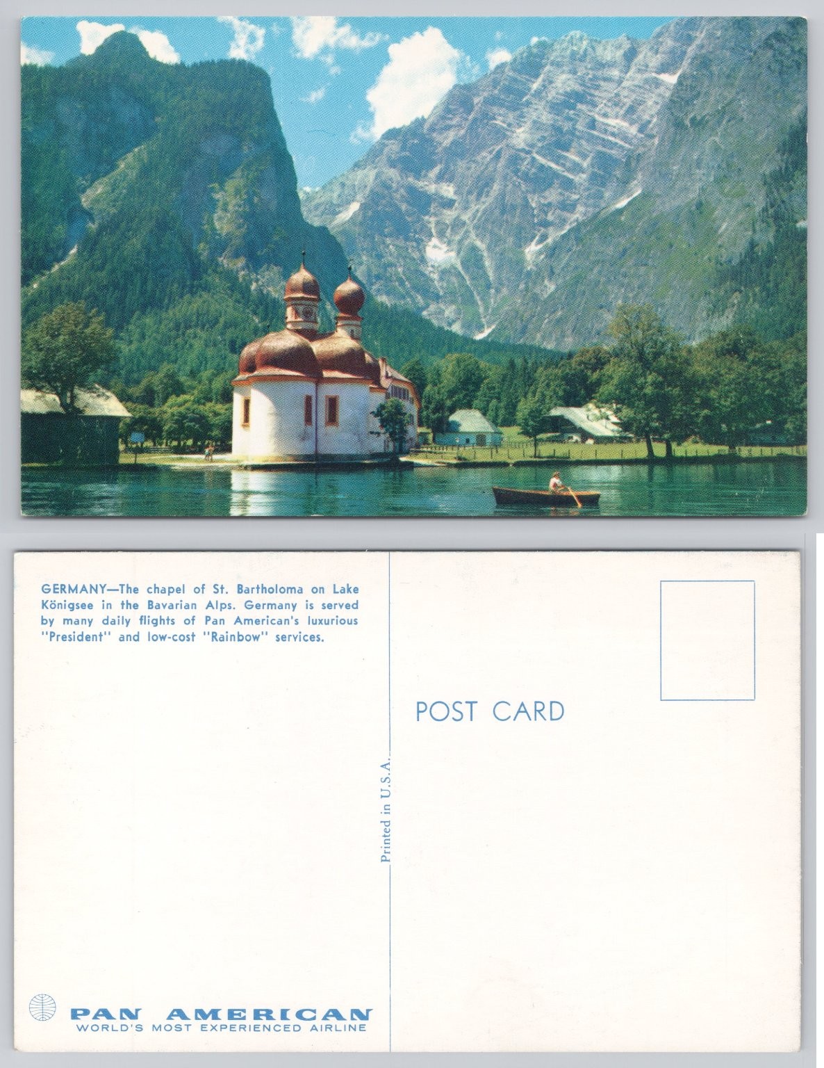 Pan Am Postcard St. Bartholomä Chapel Königssee Bavarian Alps Germany Vintage Pan Am Postcard St. Bartholomä Chapel Königssee Bavarian Alps Germany Vintage