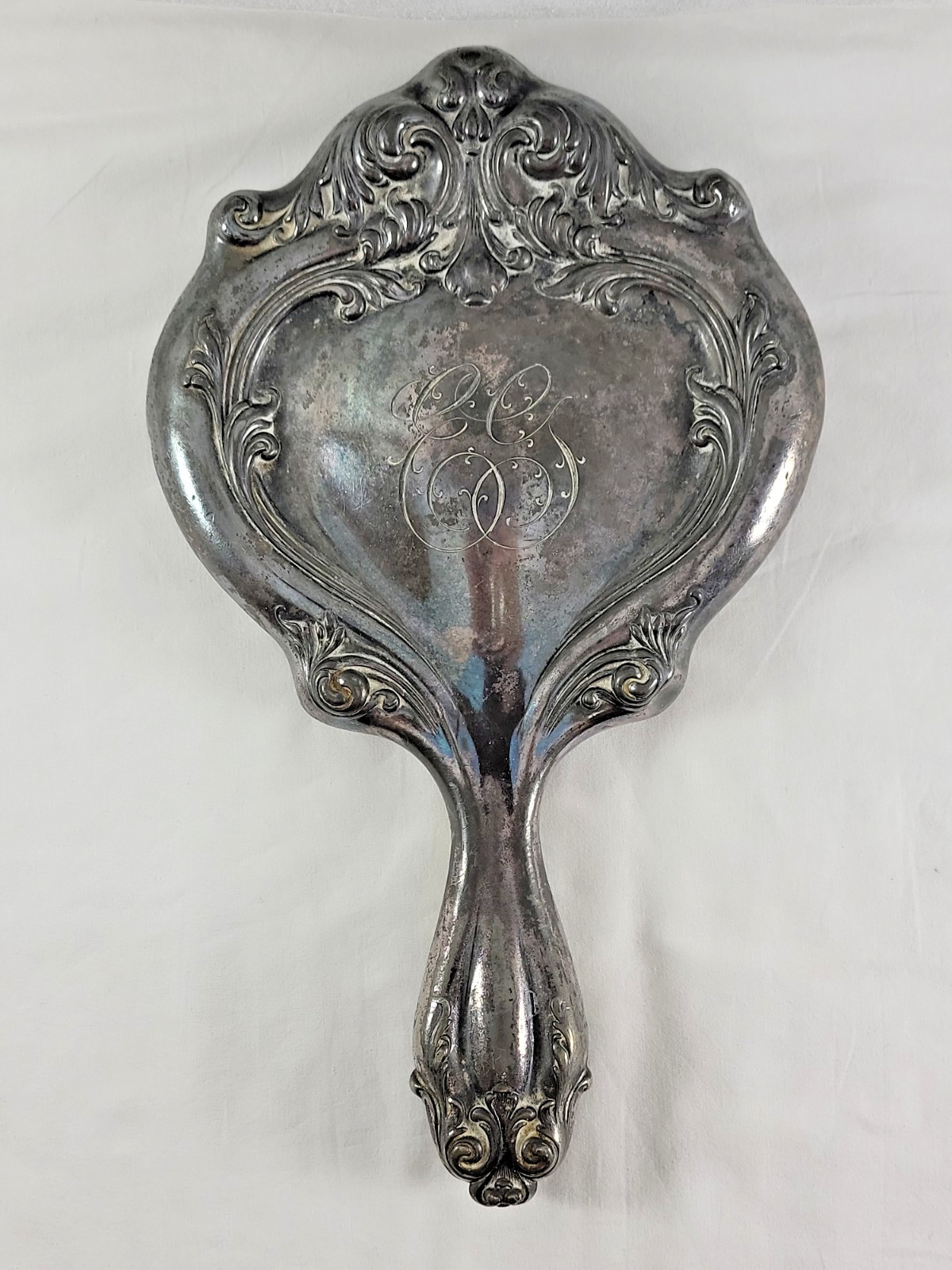Antique Art Nouveau Floral Rose Silver Plate Ornate Hand Vanity Mirror Monogram