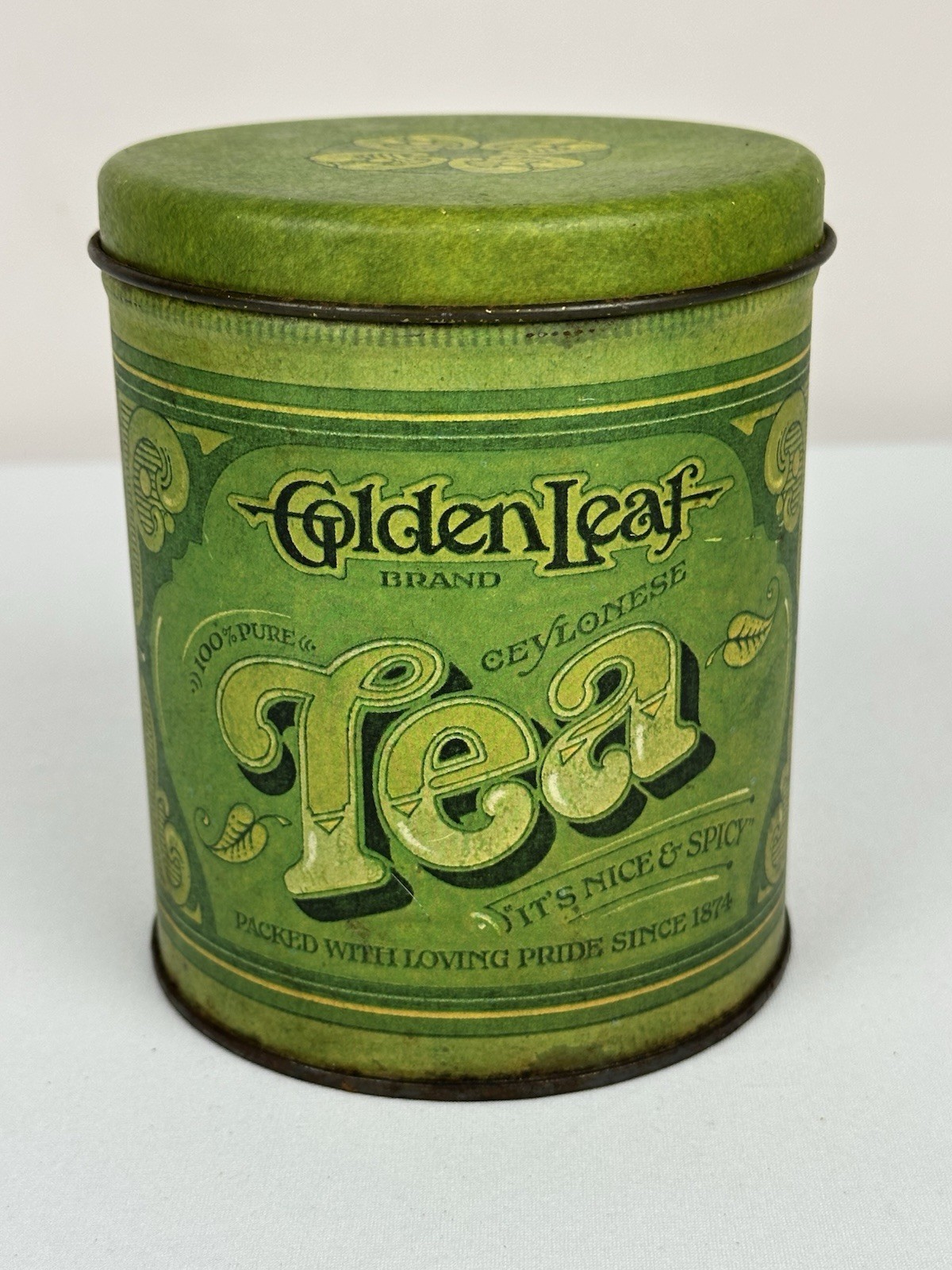VINTAGE & COLLECTIBLE 1977 GOLDEN LEAF TEA METAL TIN/CADDY-MADE IN USA VINTAGE & COLLECTIBLE 1977 GOLDEN LEAF TEA METAL TIN/CADDY-MADE IN USA
