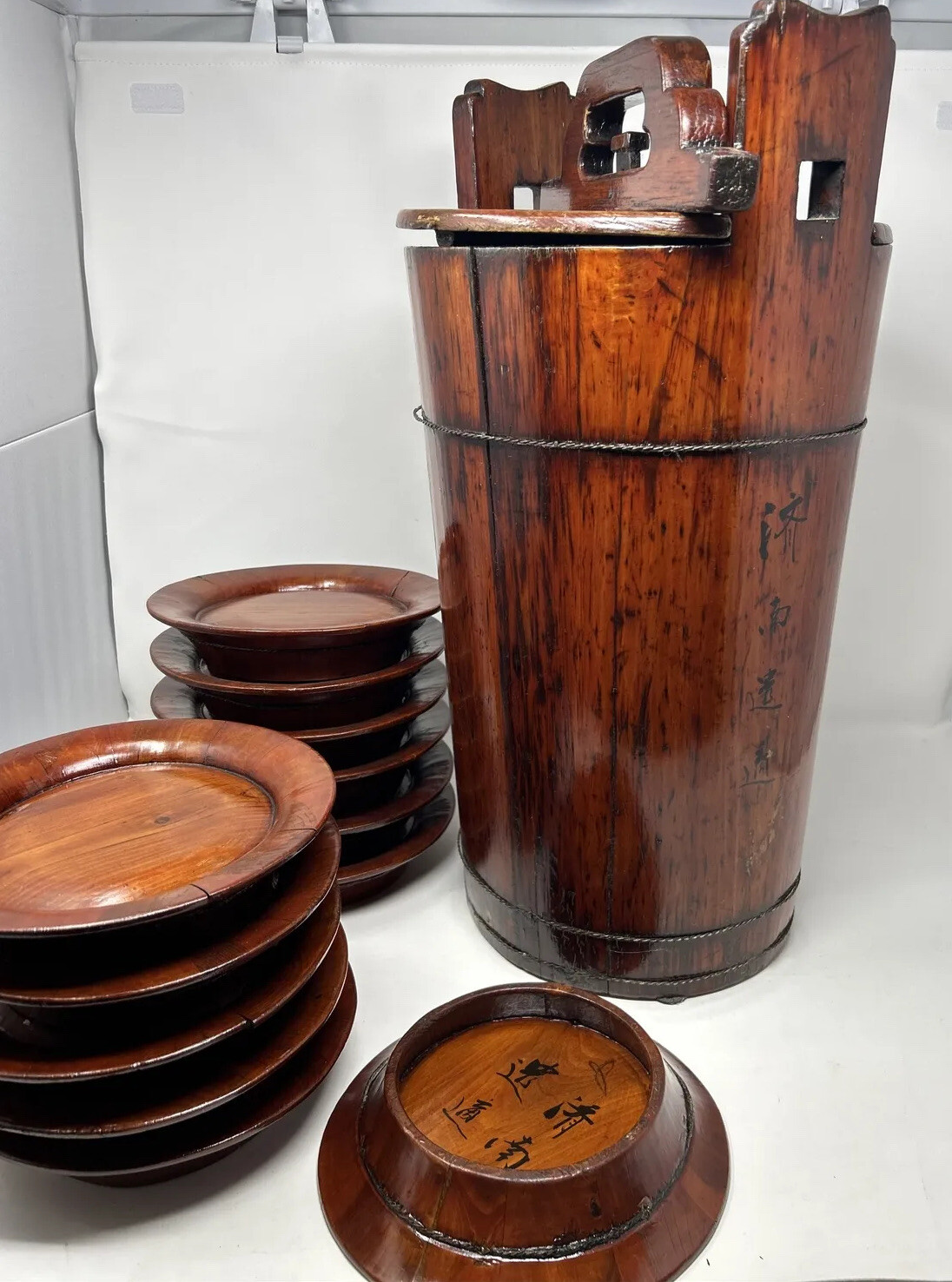 Vintage Wood & Iron Barrel Bucket Basket Garden With Plates 21 X 10.5 In Vintage Wood & Iron Barrel Bucket Basket Garden With Plates 21 X 10.5 In
