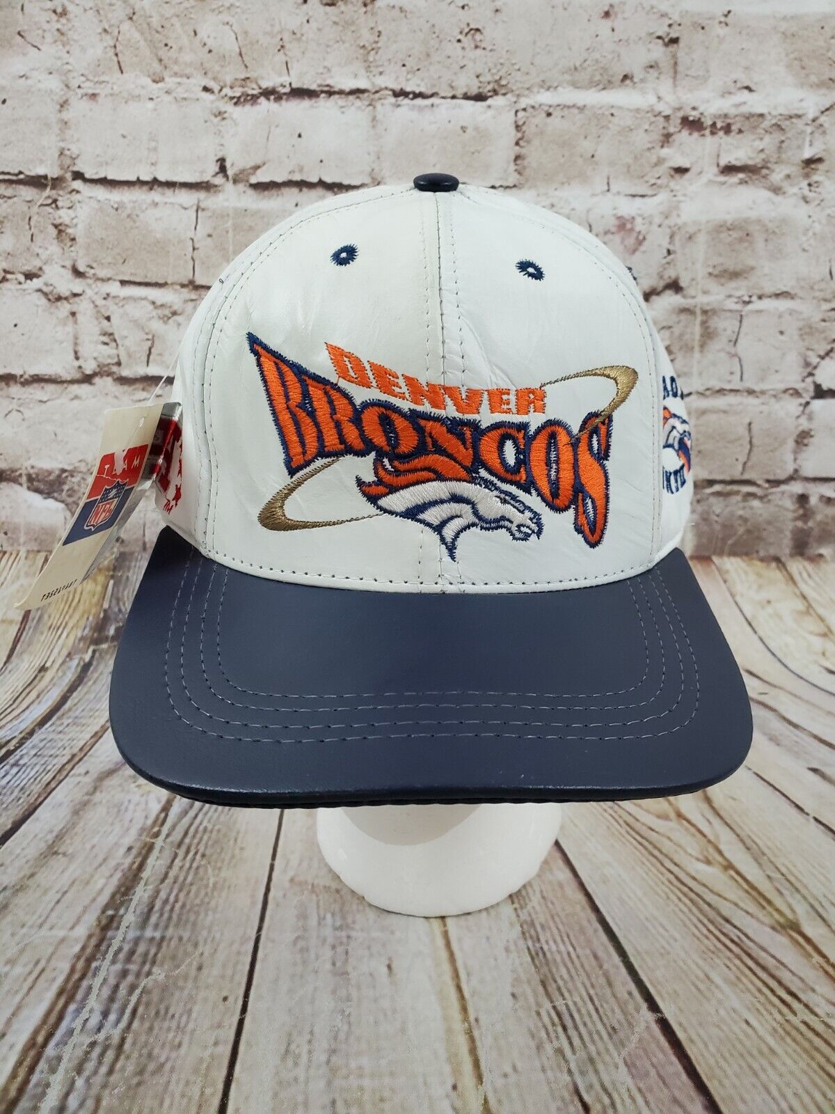 Denver Broncos Leather Hat Baseball Cap Embroidered Made in USA White 