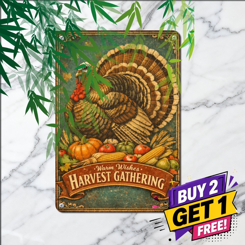 Happy Thanksgiving Turkey Harvest Sign Vintage Autumn Holiday Metal Plaque