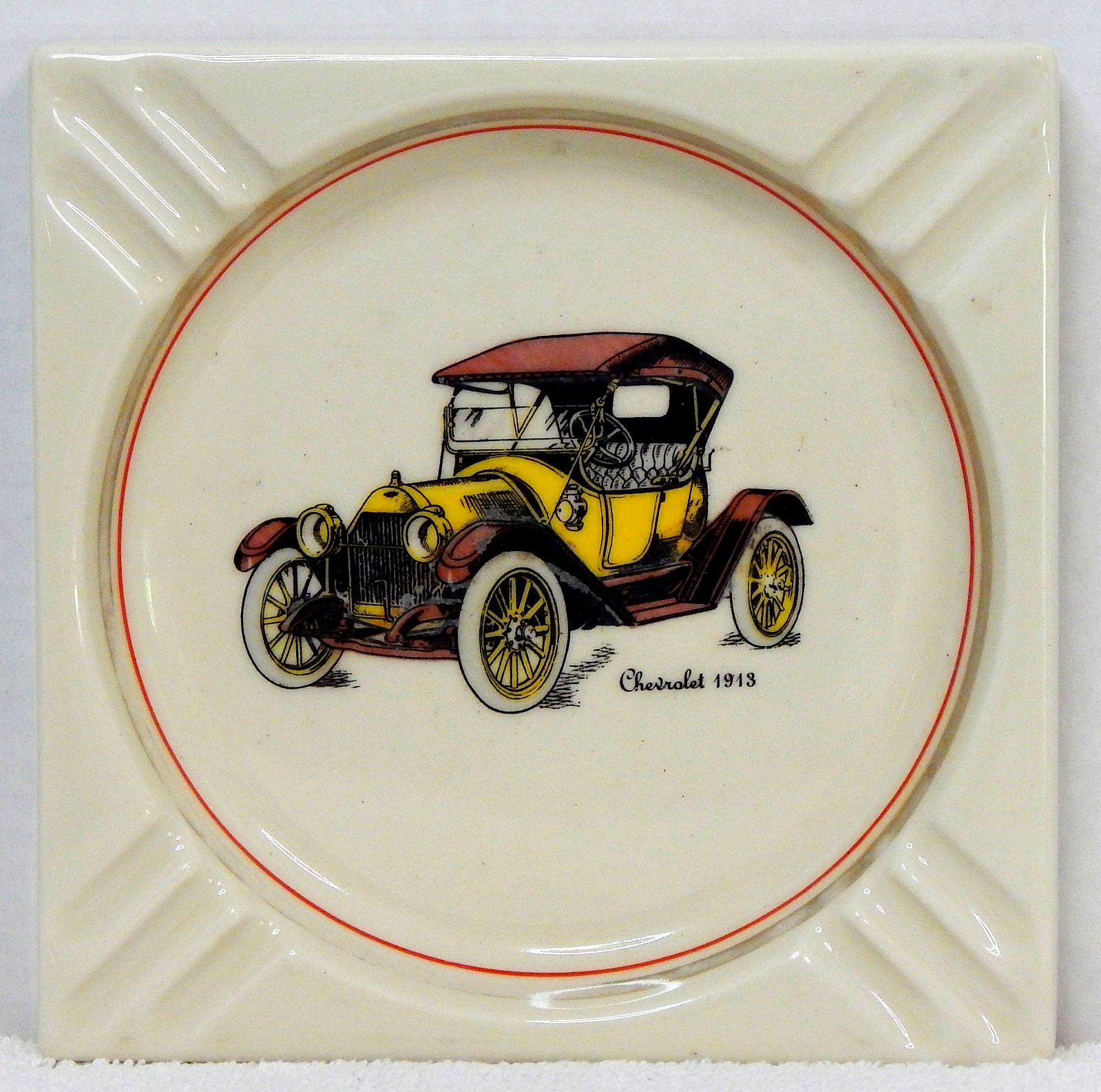 Vintage Chevrolet 1913 Car Ceramic Ashtray Advertising Collectible Cream Yellow Vintage Chevrolet 1913 Car Ceramic Ashtray Advertising Collectible Cream Yellow