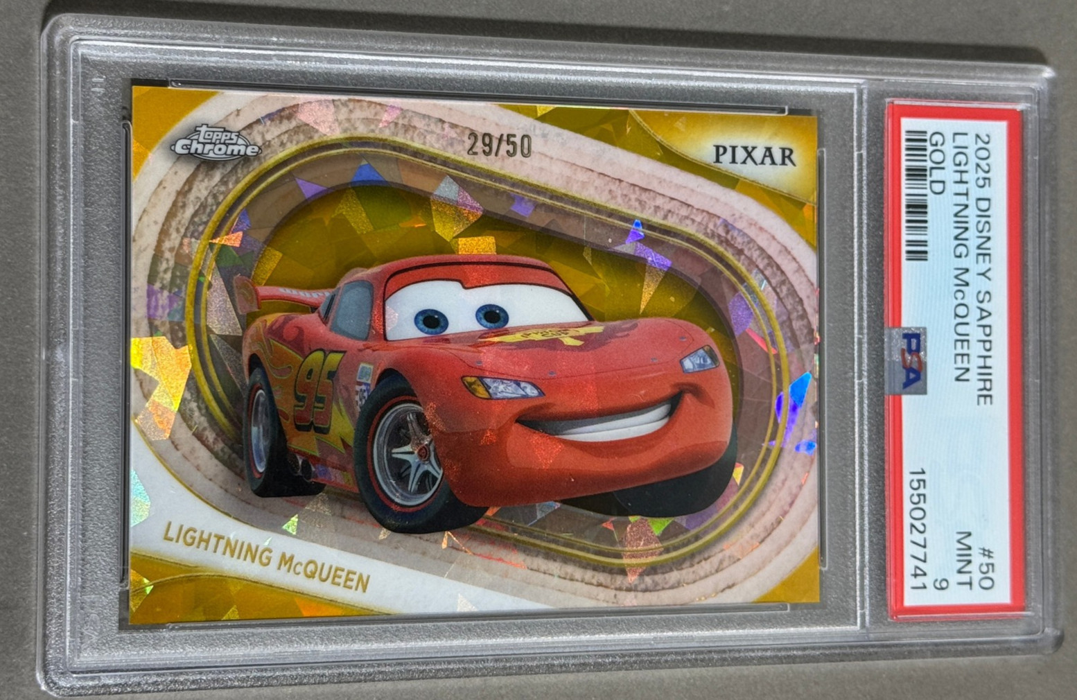2025 Topps Chrome Disney Sapphire #50 Lightning McQueen Gold /50 PSA 9 Pixar