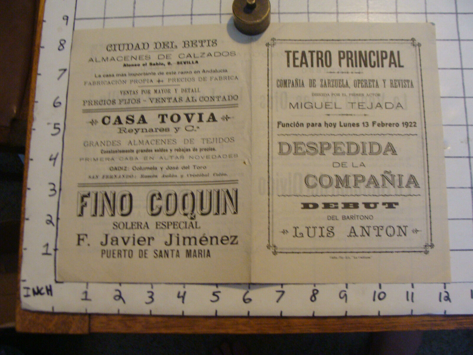 Vintage paper: 1922 PROGRAM IN SPANISH, teatro principal MIGUEL TEJADA