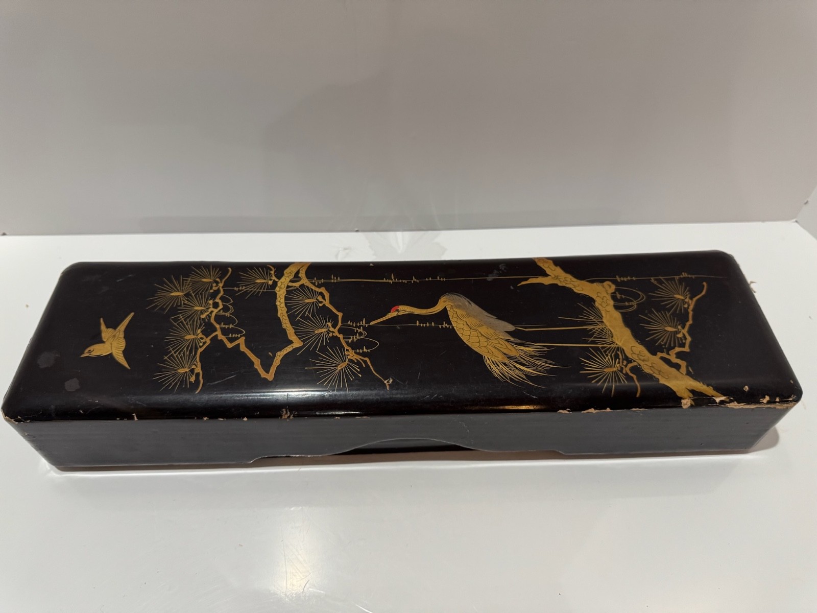 Vintage Japanese Style Black Lacquer Box Gold Crane Pine Bird Motif 15 Inch Vintage Japanese Style Black Lacquer Box Gold Crane Pine Bird Motif 15 Inch