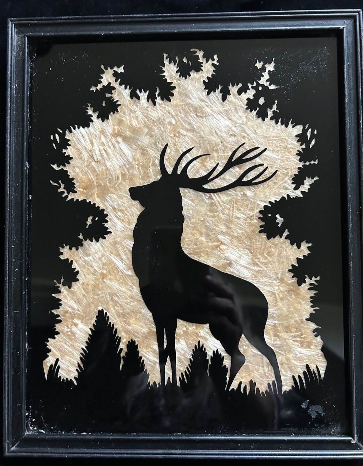 Vintage Milkweed Stag Silhouette Reverse Painted Wood Frame Picture Cabin Rustic