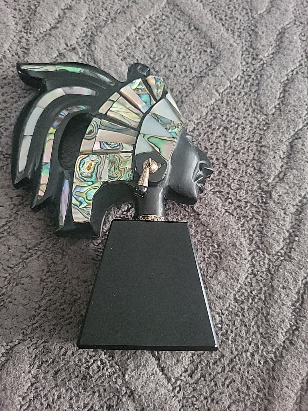 Vintage Hand Carved Obsidian Mayan Sculpture  Mother of Pearl Inlay