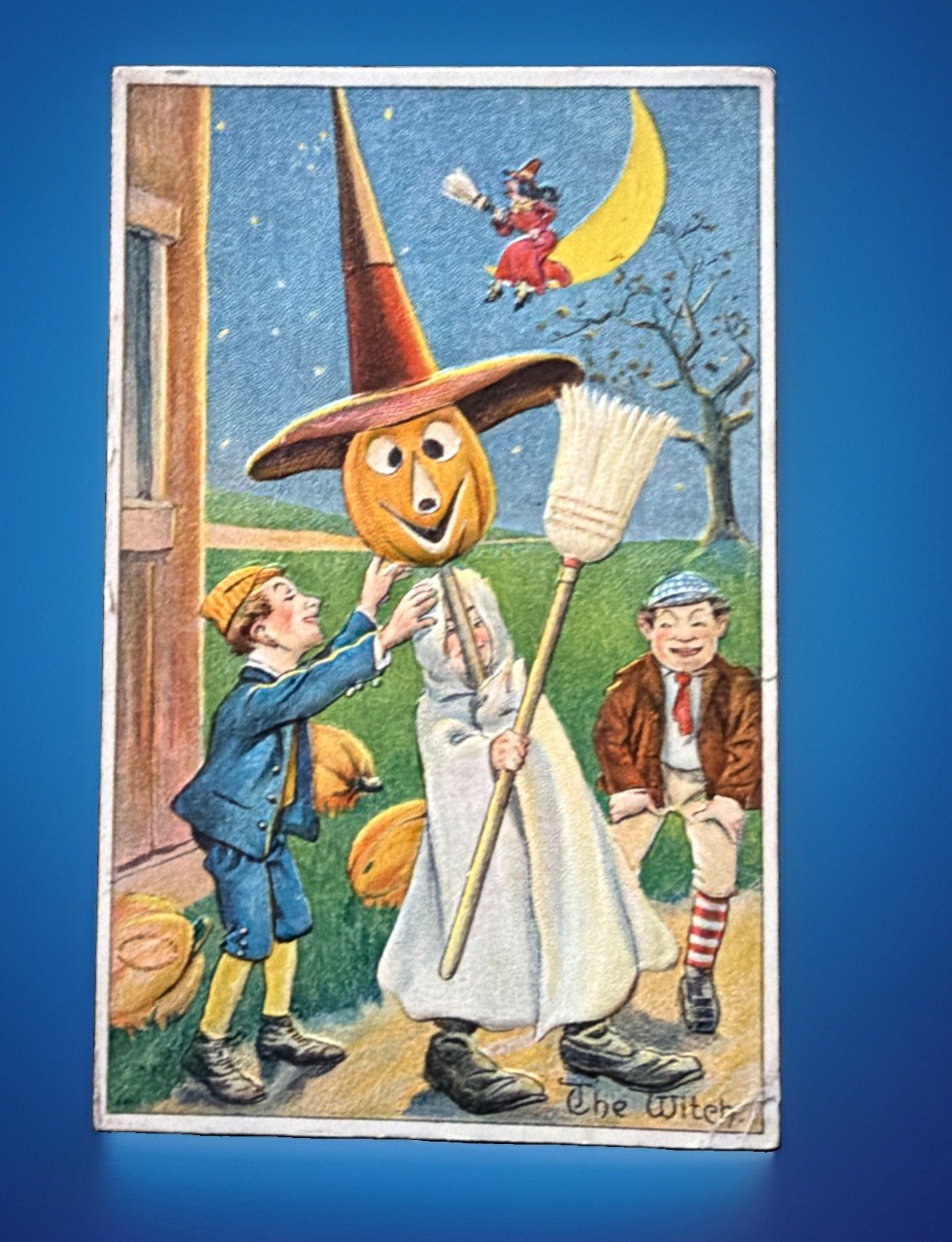 Antique Embossed Halloween Postcard Pumpkin Head Witch Jack O Lantern Moon Kids