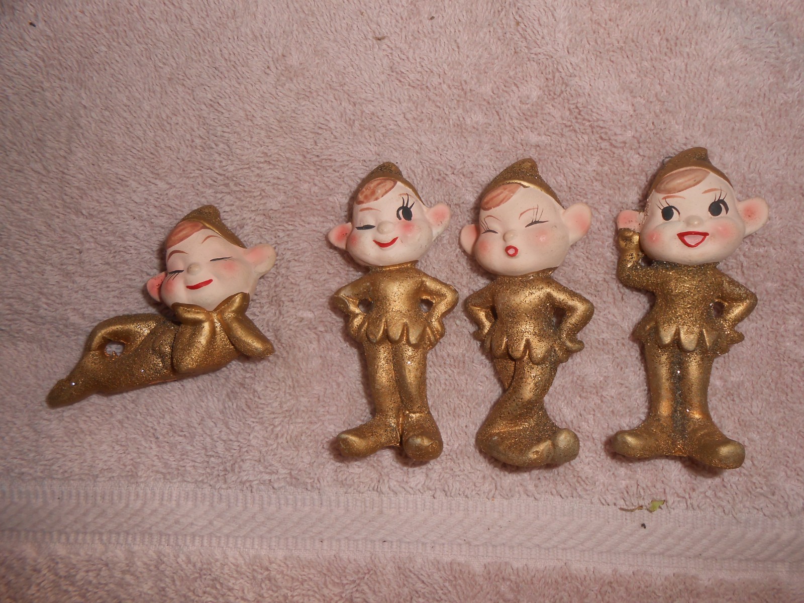 4- Vtg Ceramic Gold Glitter Elf Pixie Ornaments Japan 4- Vtg Ceramic Gold Glitter Elf Pixie Ornaments Japan