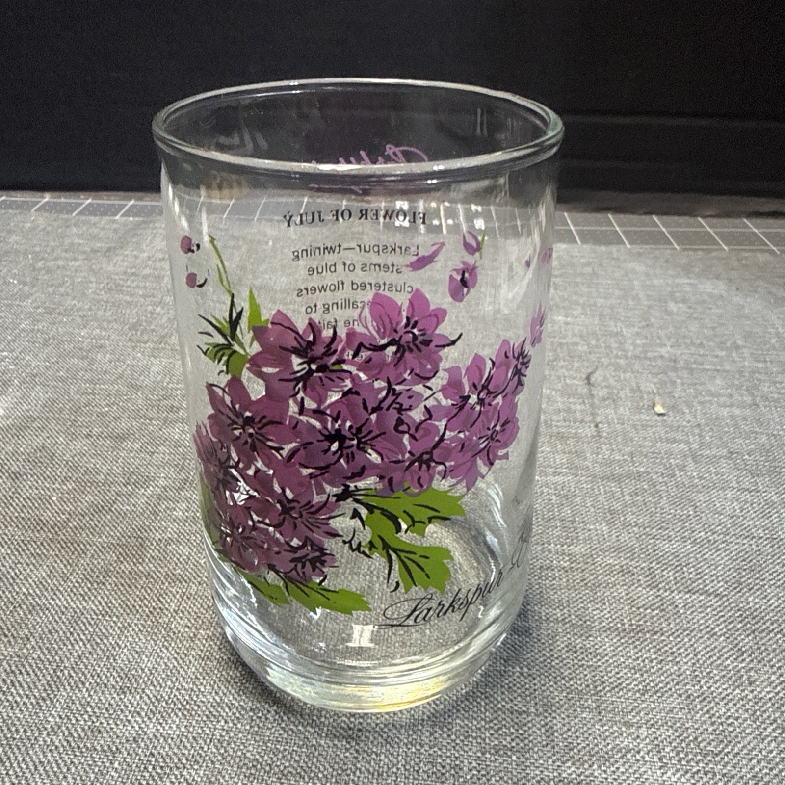 Vintage Brockway Flower Of The Month Glass Tumbler 4.75” July Larkspur Vintage Brockway Flower Of The Month Glass Tumbler 4.75” July Larkspur