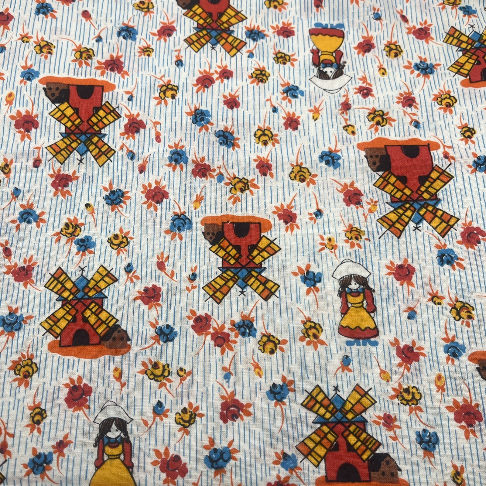 Vintage 1960s Cotton Fabric; Windmills, European Inspired. 3 yards Vintage 1960s Cotton Fabric; Windmills, European Inspired. 3 yards