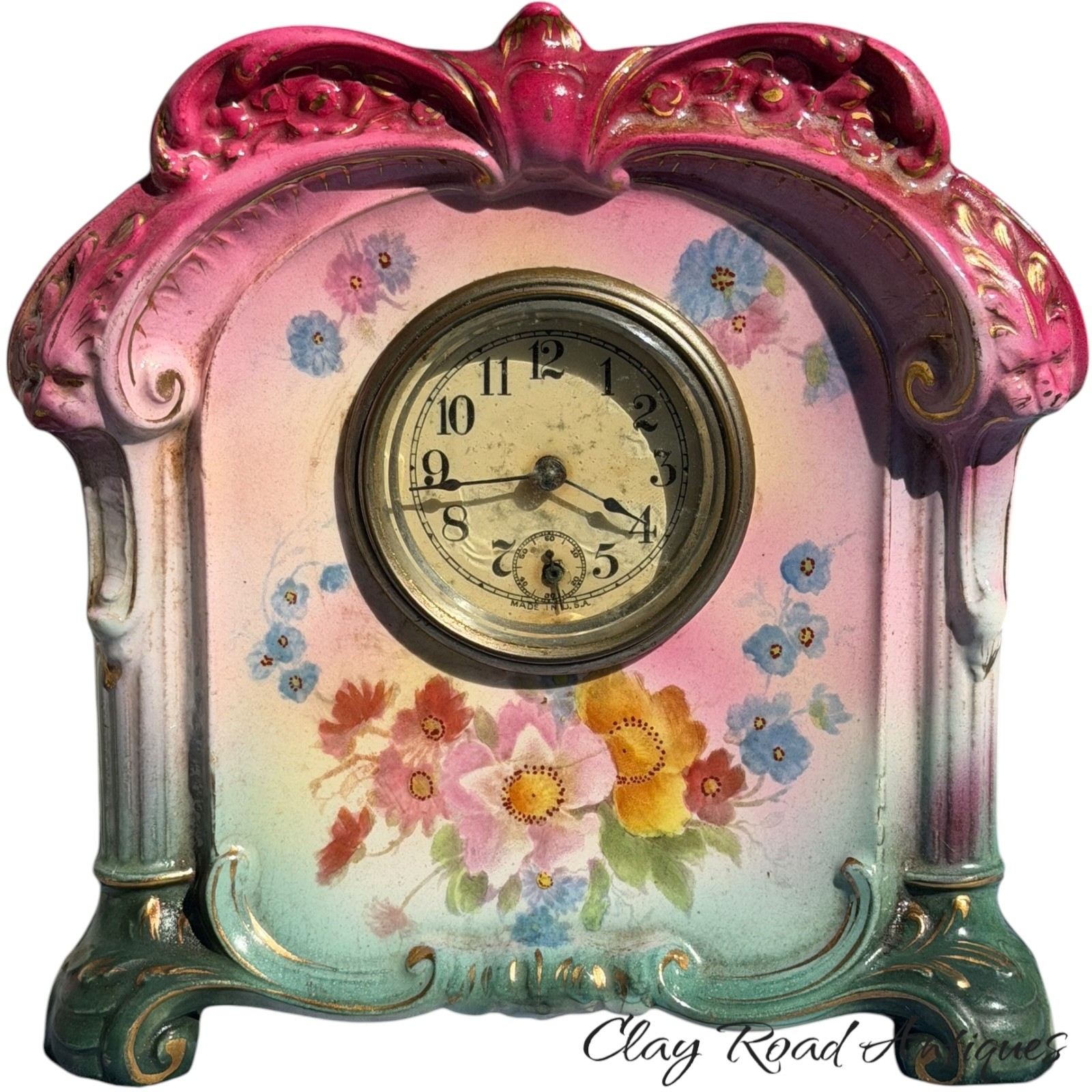 Antique Royal Bonn Germany Miniature Porcelain Mantel Clock Hand Painted Floral
