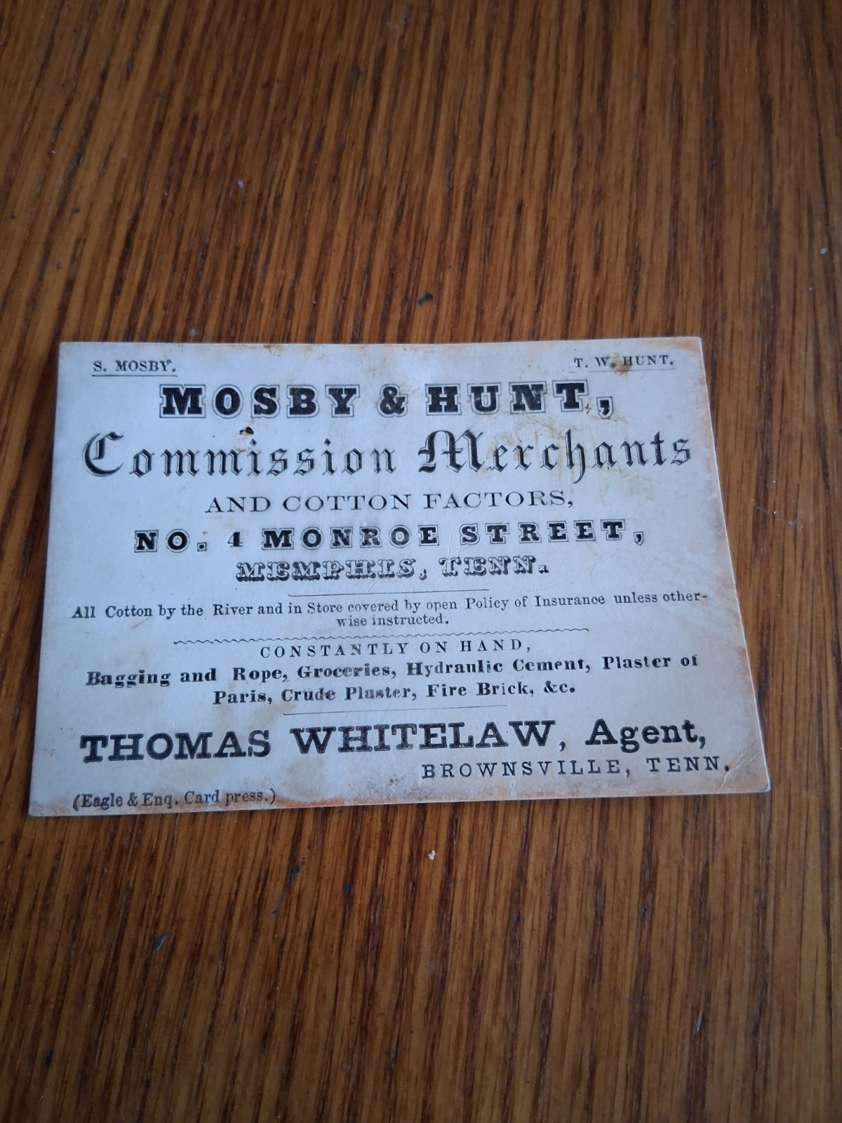 Antique 19th-Century Merchant Trade Card – Mosby & Hunt Commission Merchants... Antique 19th-Century Merchant Trade Card – Mosby & Hunt Commission Merchants...