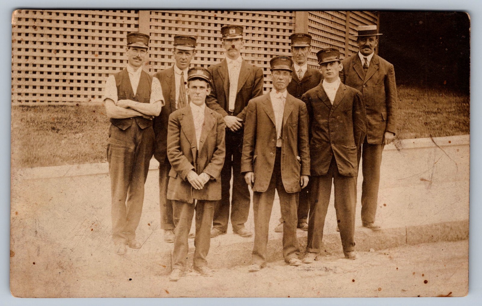 C1910 RARE KIRKMANS SOAP DELIVERY DRIVERS BROOKLYN NY UNIFORM/HATS REAL PHOTO PC