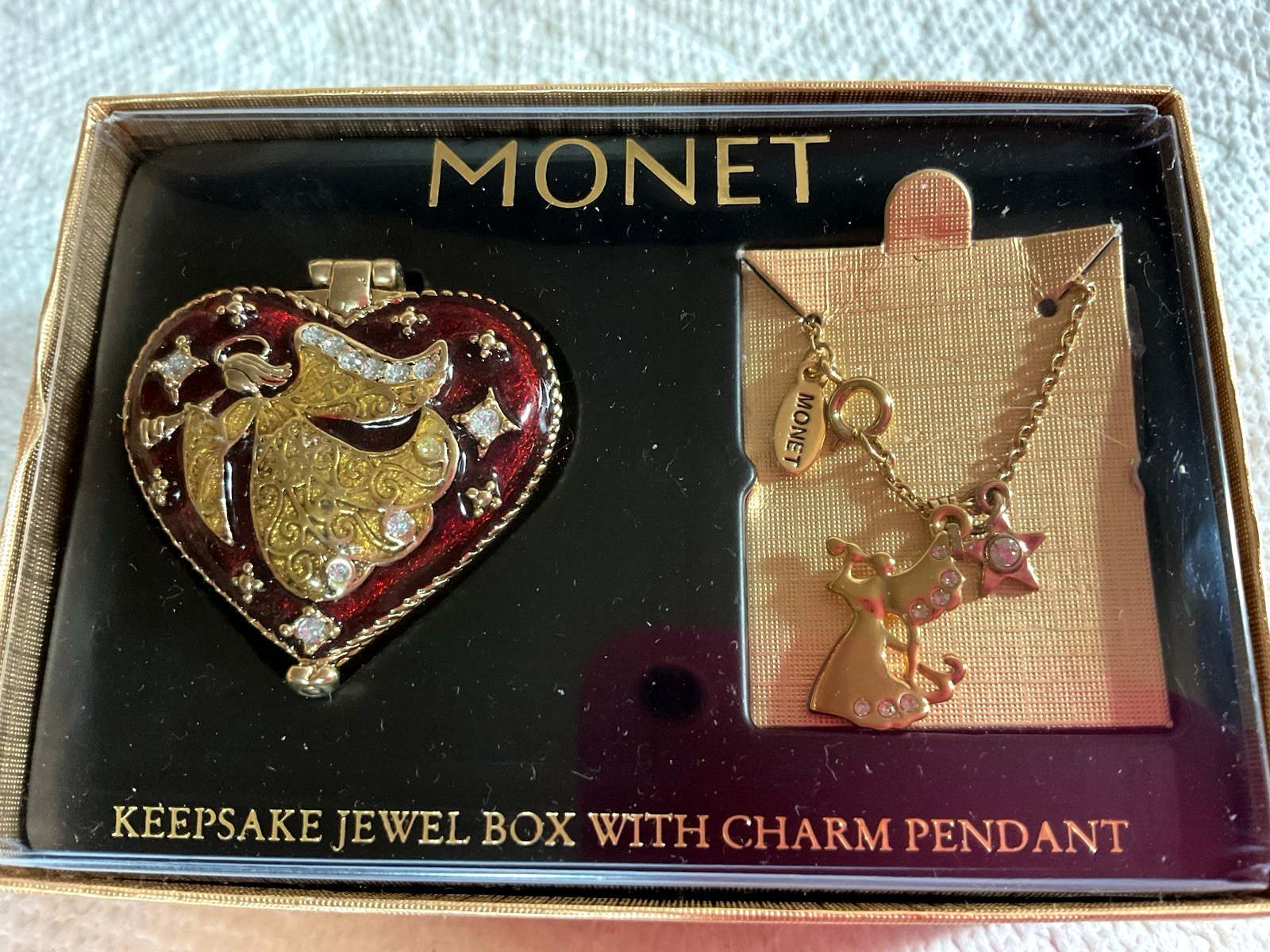 Monet Keepsake Jewel Box With Charm Pendant Red Heart Box With Angel, Pendant Monet Keepsake Jewel Box With Charm Pendant Red Heart Box With Angel, Pendant