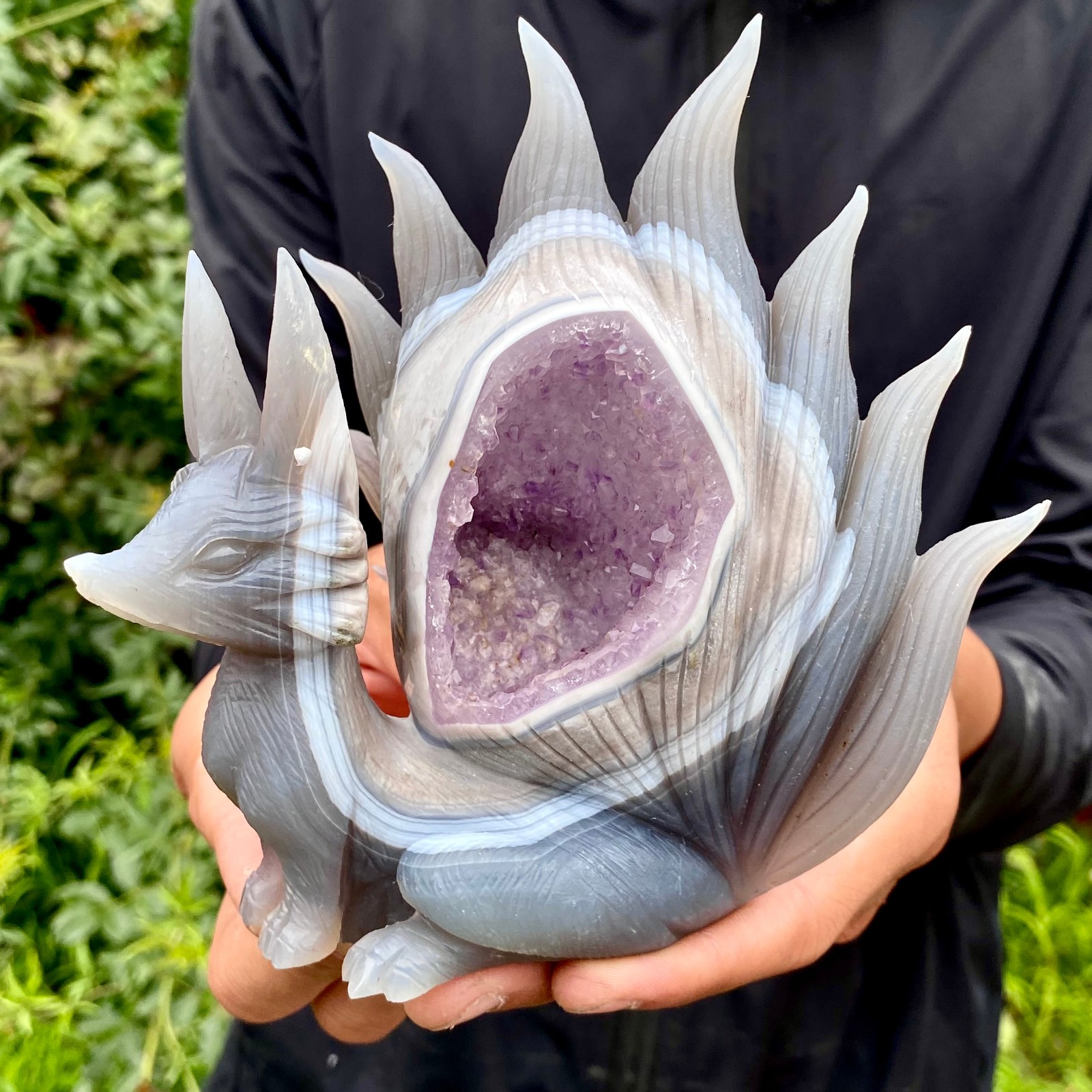 2LB  Natural Amethyst Geode Hand Carved Nine-tailed Fox Quartz Crystal Decor