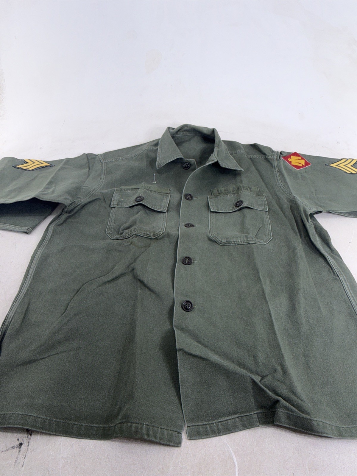 Vintage 60s 70s US Army OG-107 Button-Up Shirt Distressed Thunderbird Patches Vintage 60s 70s US Army OG-107 Button-Up Shirt Distressed Thunderbird Patches