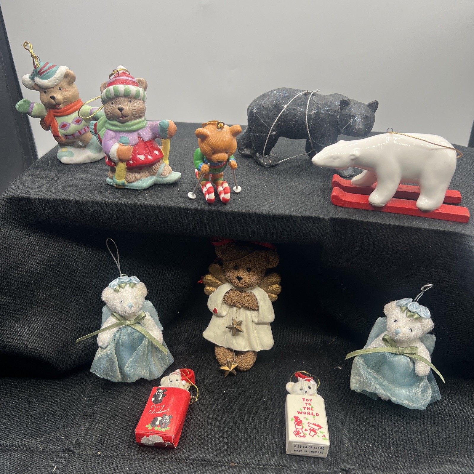 Lot Of 10 Vintage Teddy Bear Theme Christmas Ornaments flocked Plush Ceramic