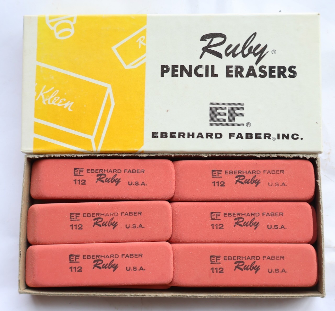 (12) Eberhard Faber No. 112 Ruby Pencil Erasers - NOS + EF No. 100 Empty Box MTT
