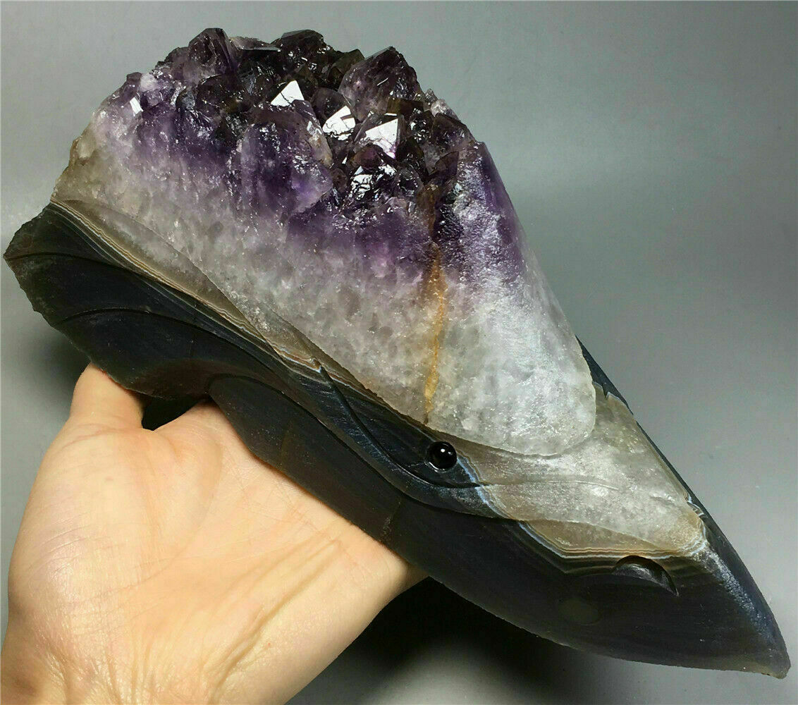 4.96lbNatural Agate&Amethyst Cluster Geode Crystal Carved Skull Bird Crow Raven