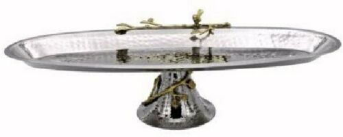 Elegant Footed Hammered Stainless Serving Tray with Brass Birds & Branch