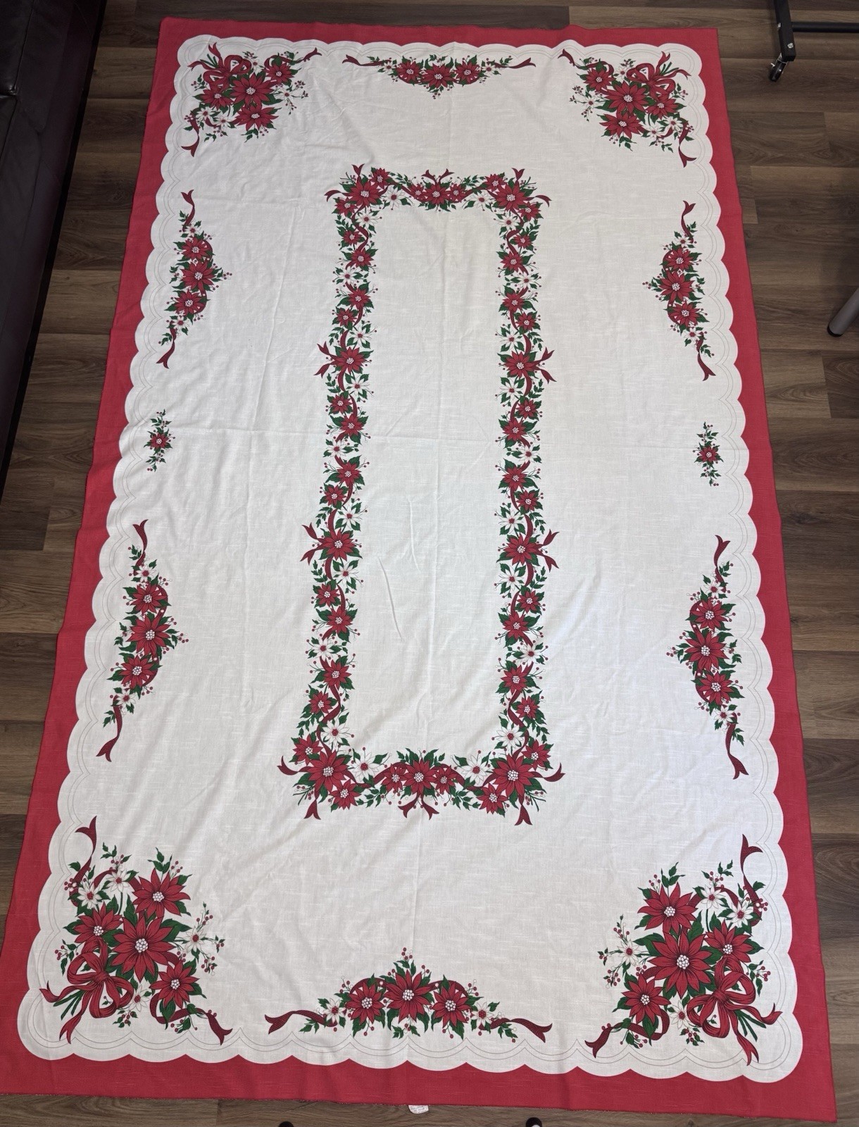 Vintage Christmas Poinsettia Tablecloth Xtra Large 60x102 Brazil Cotton Poly