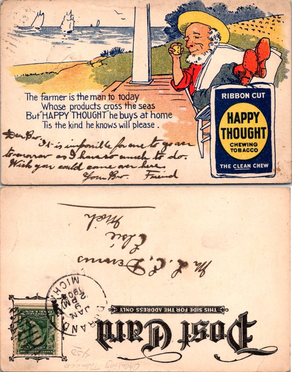 Vintage 1910s Postcard Happy Thought Chewing Tobacco Landscape