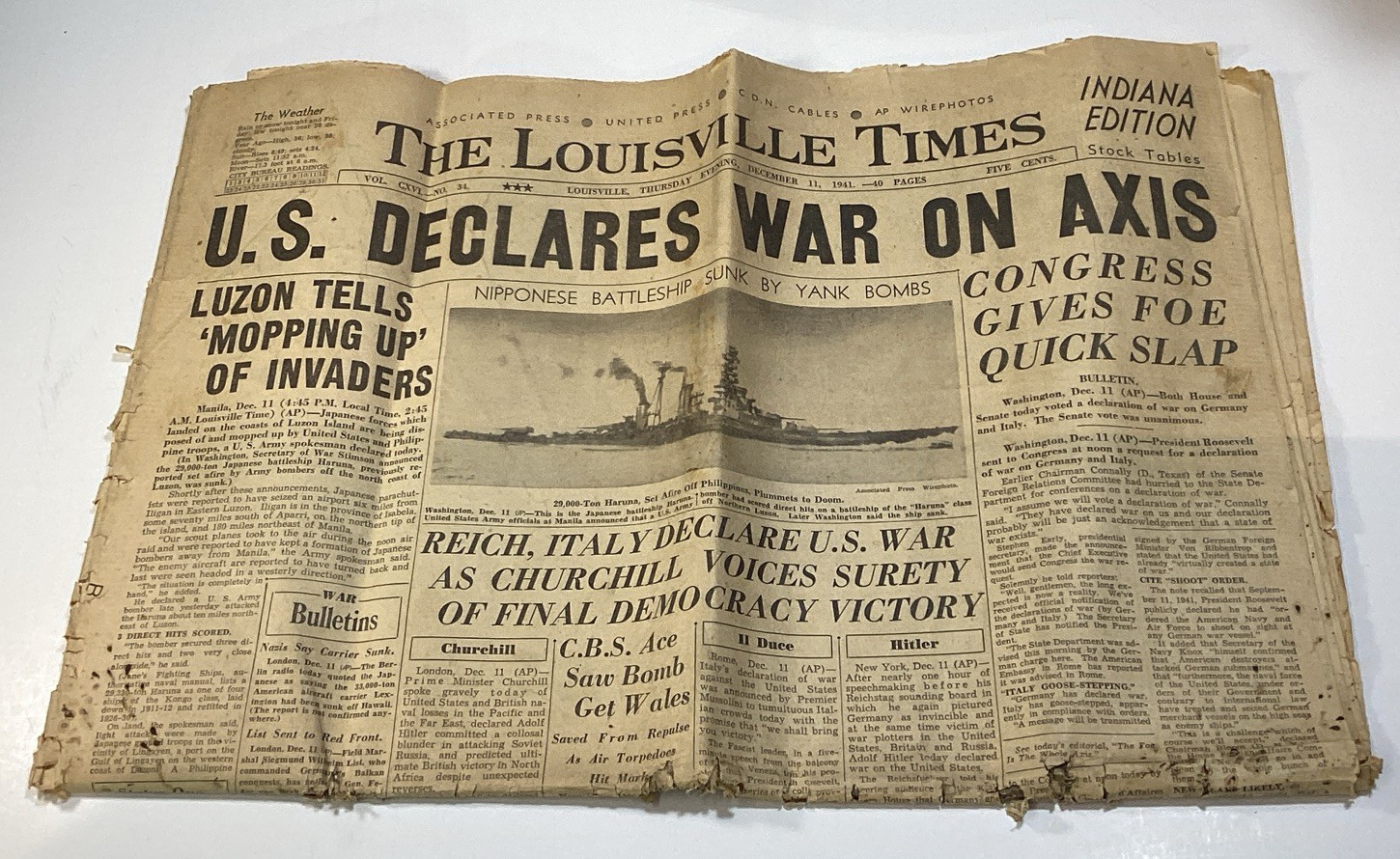 1941 WWII Dec. 11th U.S. DECLARES WAR On Axis Louisville Times Original Newspap 1941 WWII Dec. 11th U.S. DECLARES WAR On Axis Louisville Times Original Newspap