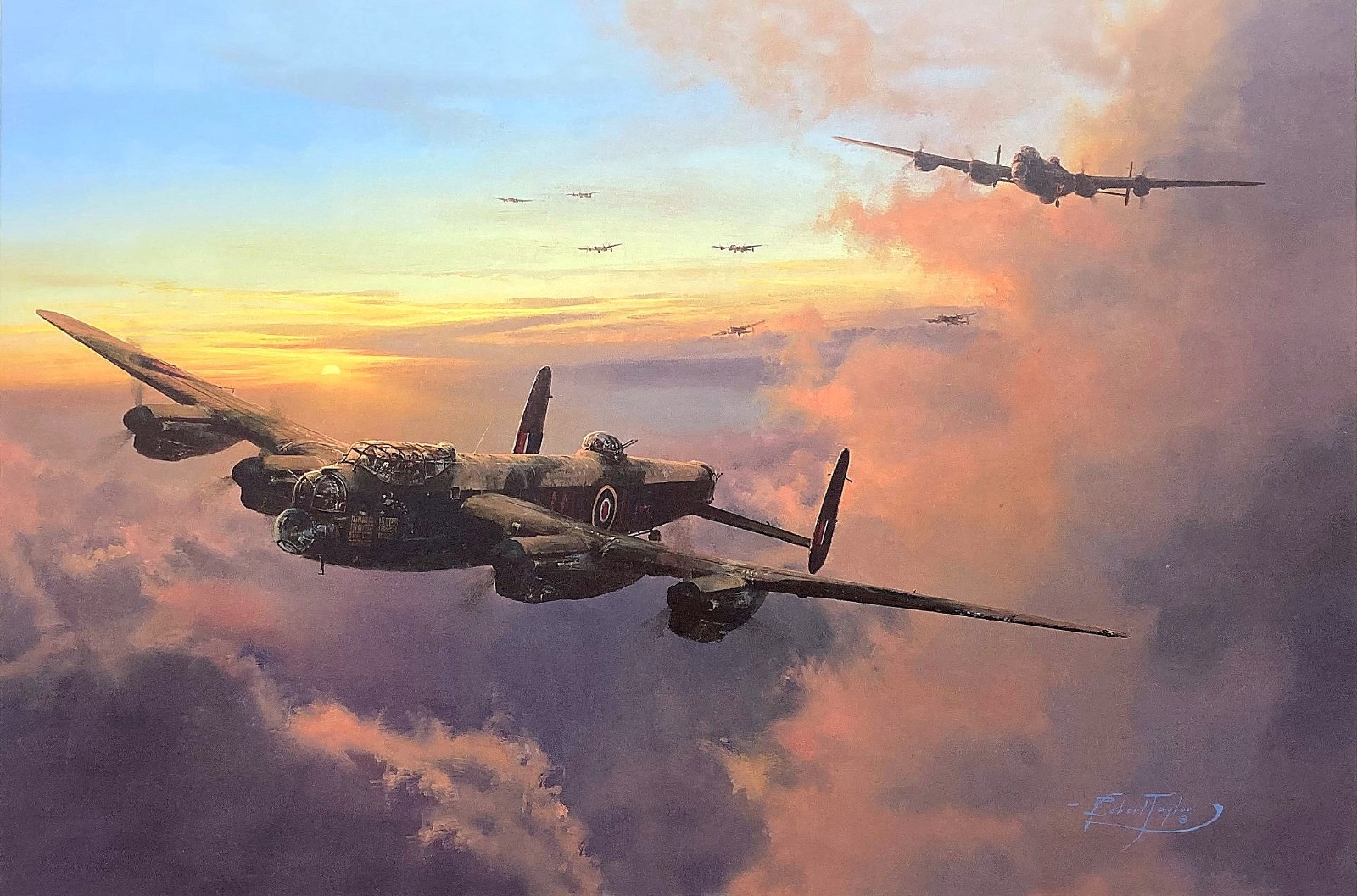 Towards Night's Darkness by Robert Taylor print signed by 10 Lancaster Aircrew