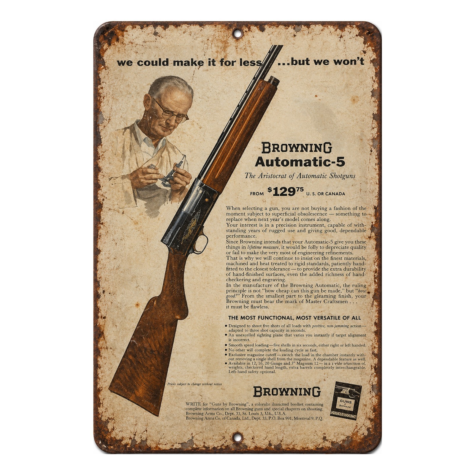 Browning Automatic-5 Metal Sign Vintage Firearms Rustic Wall Art - 3 Sizes