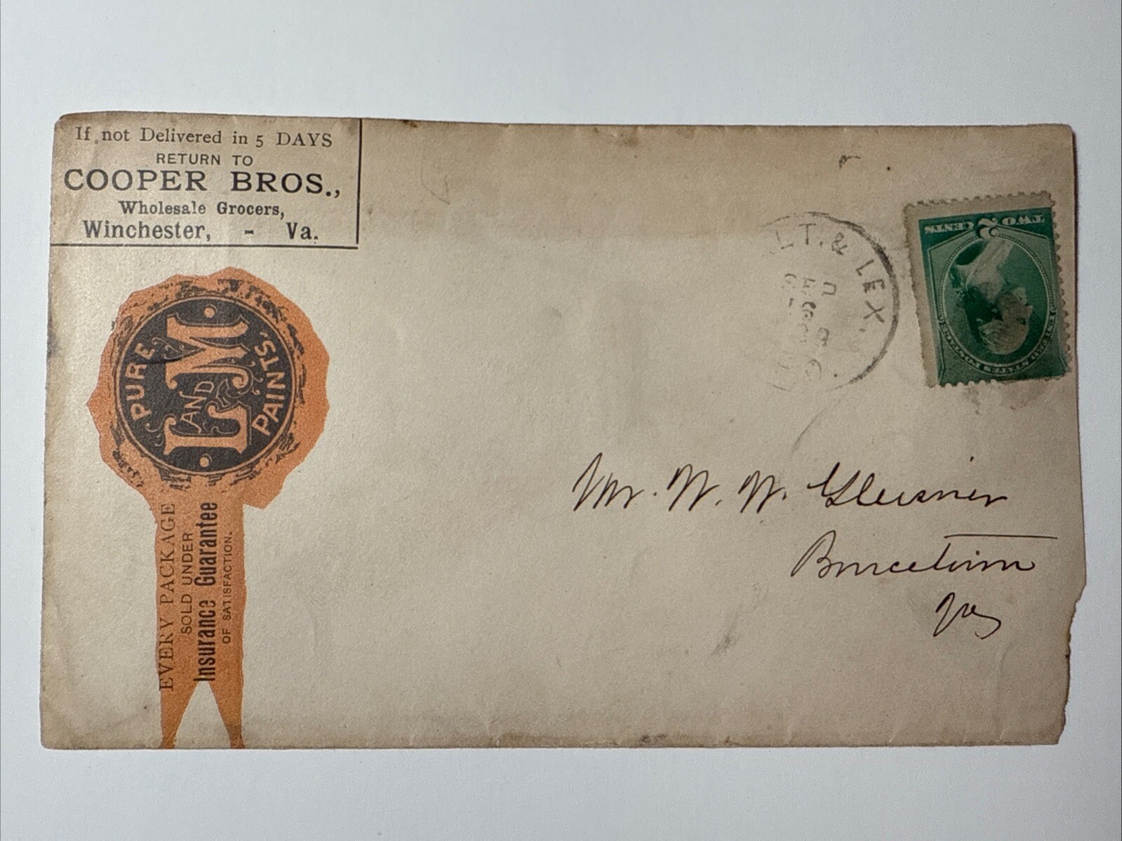 Vtg 1889 Winchester Virginia Cooper Bros Wholesale Grocers Envelope Vtg 1889 Winchester Virginia Cooper Bros Wholesale Grocers Envelope