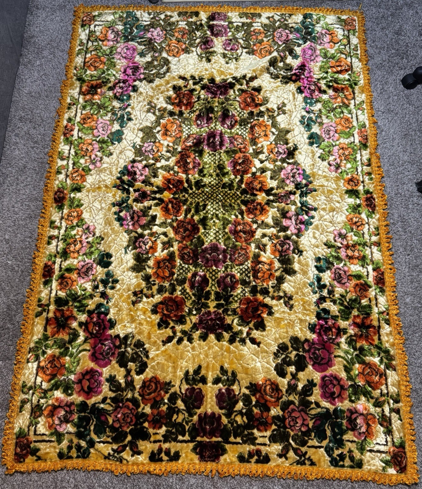 70s Italian Crushed Velvet Tapestry Rug Floral Gold Fringe MCM Boho