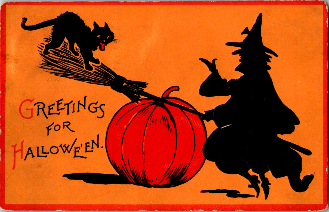 Antique Postcard Greetings Halloween Witch Broomstick Cat Pumpkin ~ #122 ~ 1913 Antique Postcard Greetings Halloween Witch Broomstick Cat Pumpkin ~ #122 ~ 1913