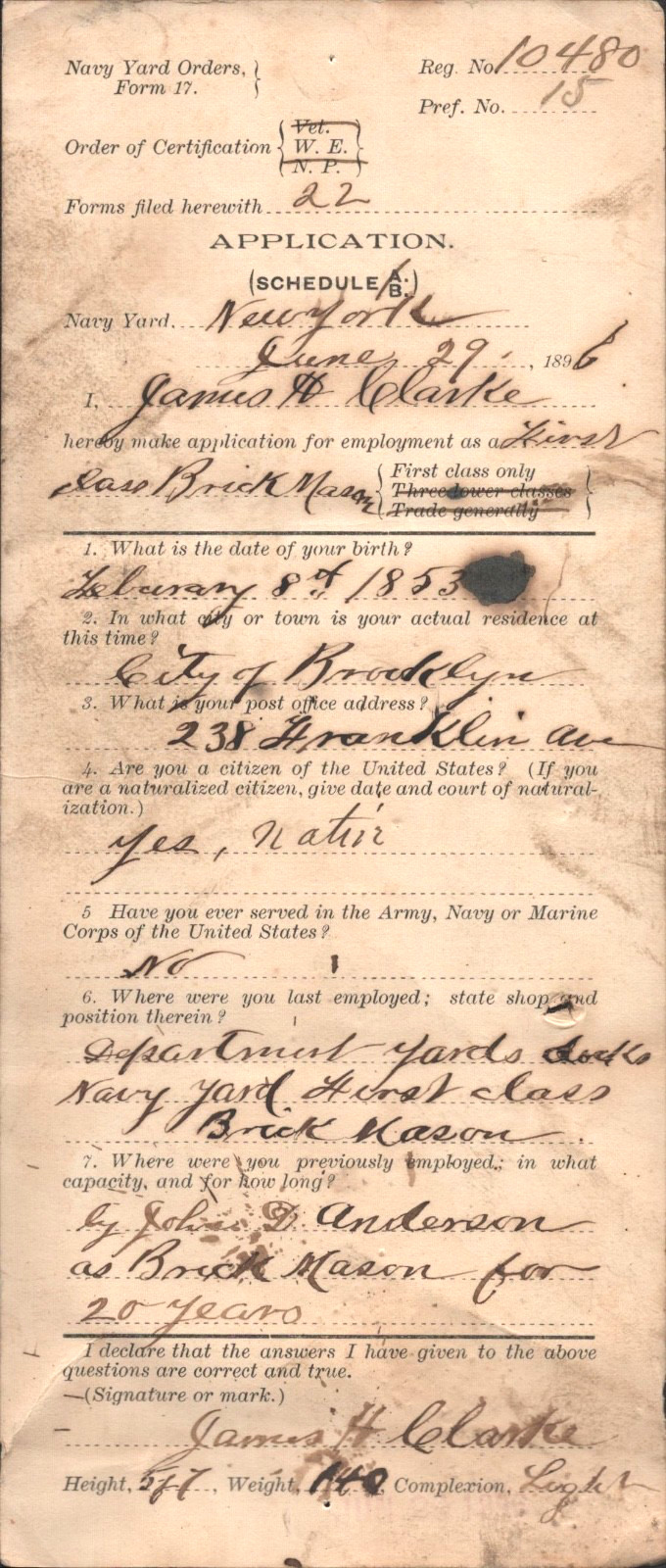 1896 NEW YORK CITY NAVY YARD antique filled out job application for BRICK MASON