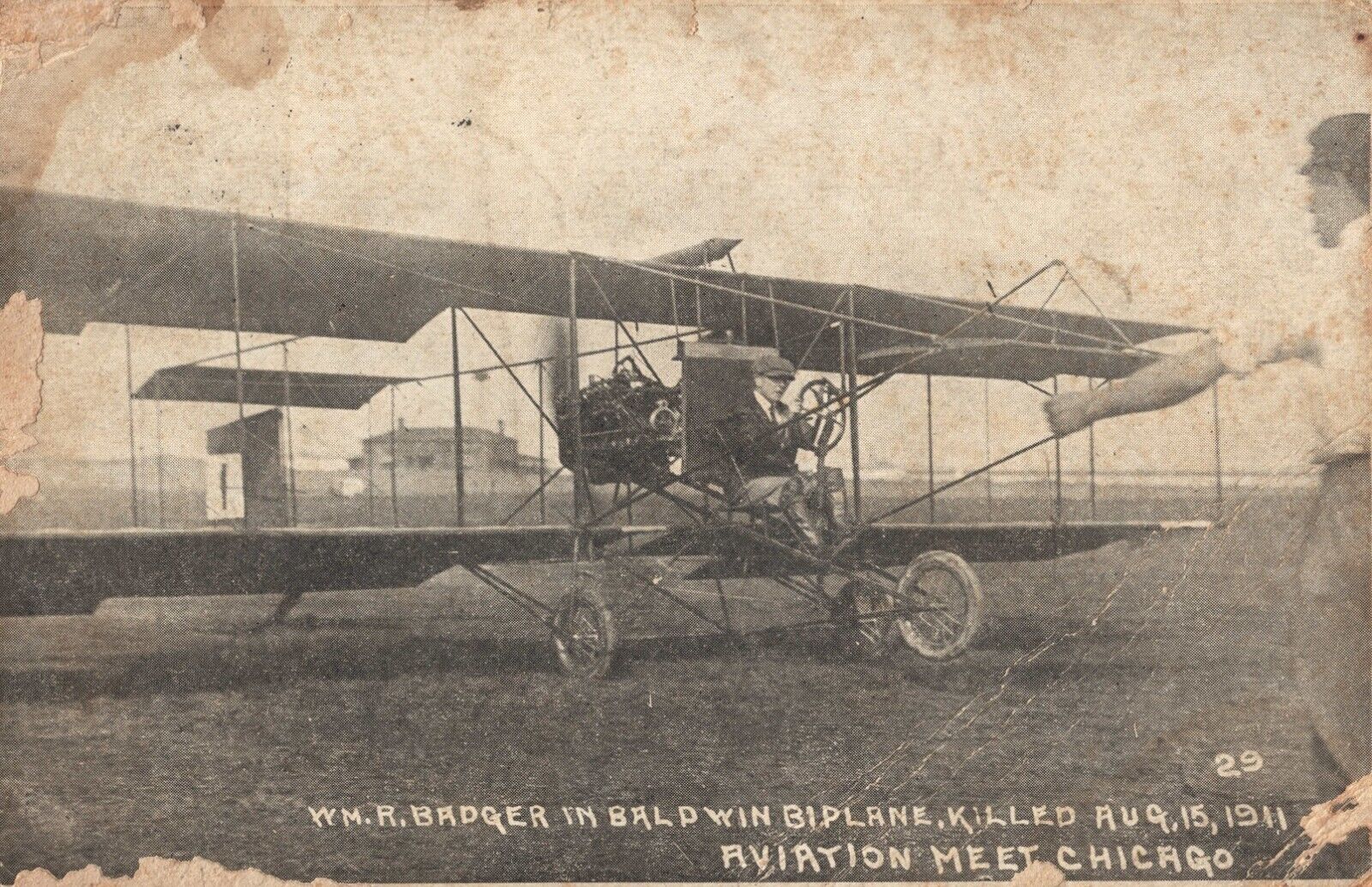 William R Badger Baldwin Biplane Killed 1911 Chicago Aviation Airplane Postcard