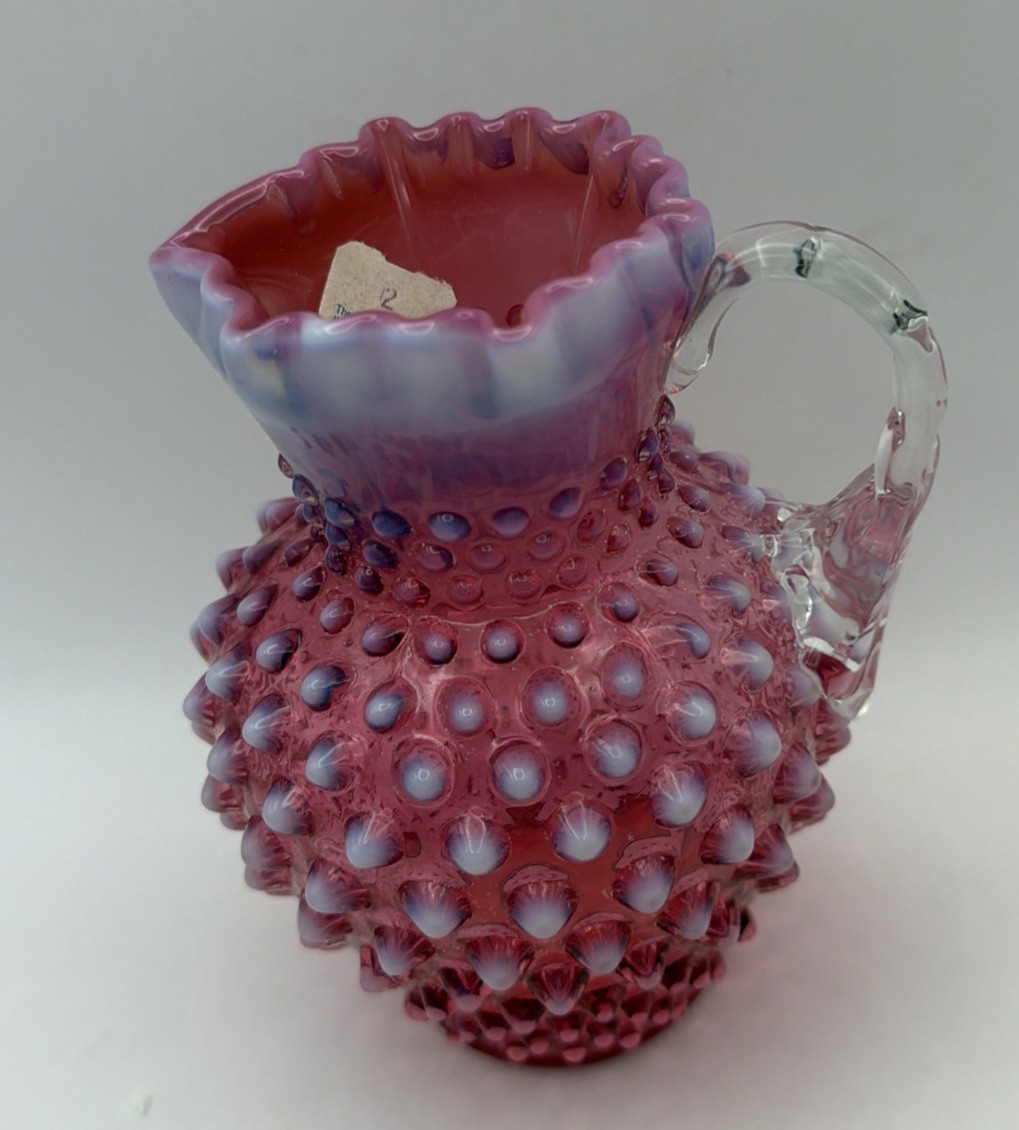 Fenton Pitcher Hobnail Pink Cranberry Opalescent 6” Clear Handle Orig Price Tag Fenton Pitcher Hobnail Pink Cranberry Opalescent 6” Clear Handle Orig Price Tag