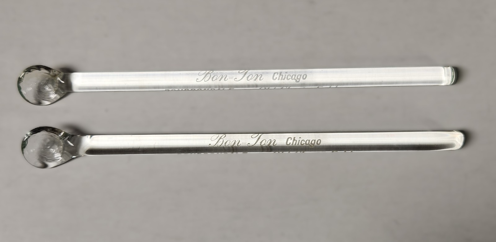 2 Vintage Glass Swizzle Sticks Bon-Ton Chicago Bourbondale Old Chesterfield 2 Vintage Glass Swizzle Sticks Bon-Ton Chicago Bourbondale Old Chesterfield