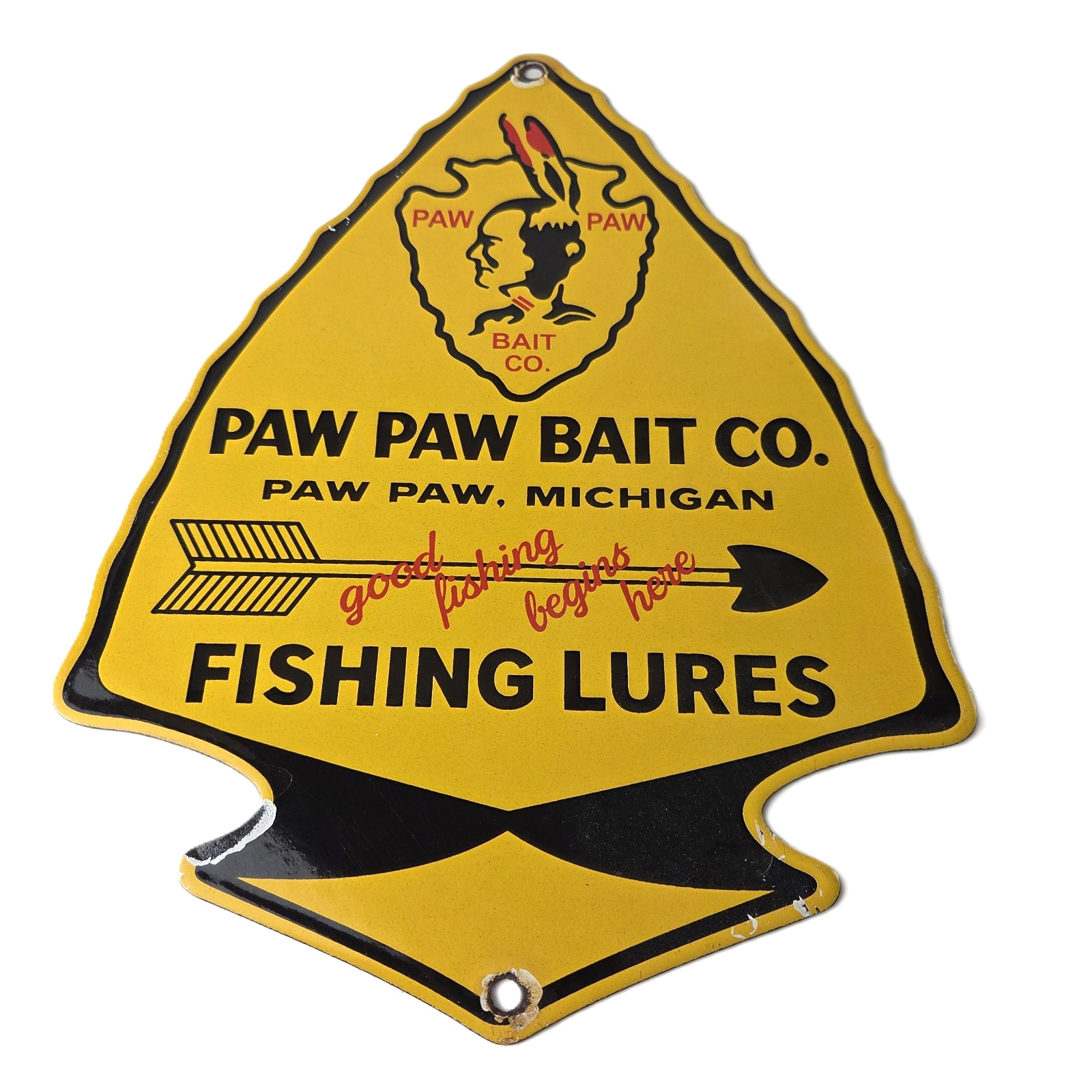 Vintage Paw Paw Bait Co Sign - Fishing Lures Arrowhead Gas Pump Porcelain Sign Vintage Paw Paw Bait Co Sign - Fishing Lures Arrowhead Gas Pump Porcelain Sign