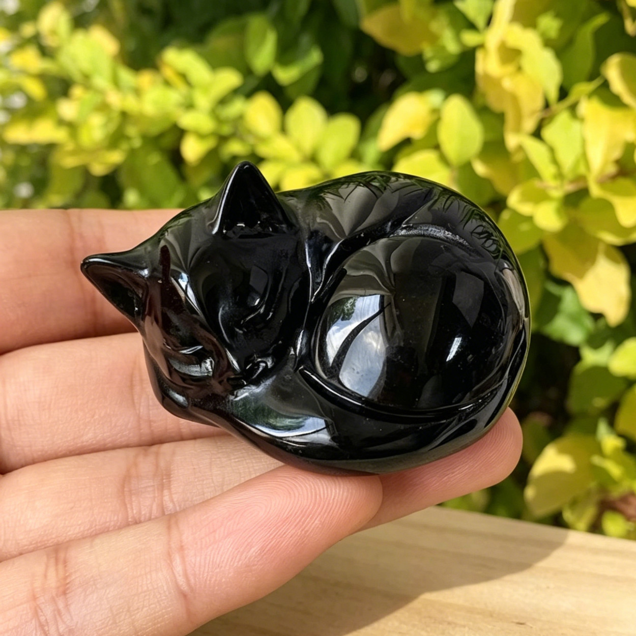 Natural Black Obsidian Sleeping Cat Carved Crystal Figurine Healing Gemstone Gif