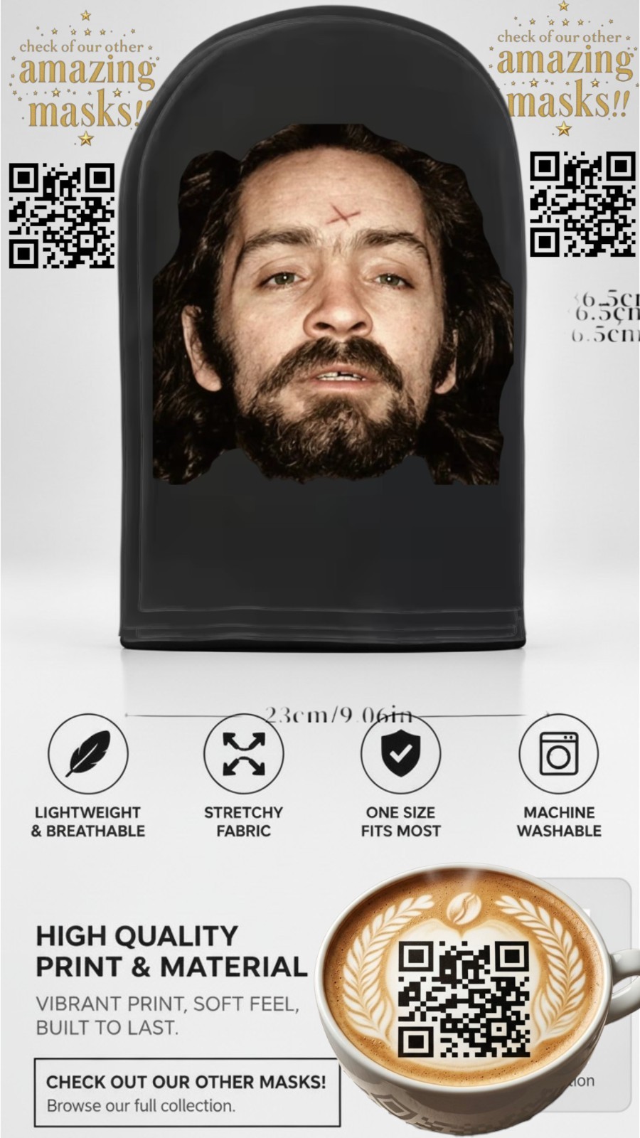 😨Charles Manson Mesh Face Mask Novelty Cosplay Costume Halloween Realistic Head