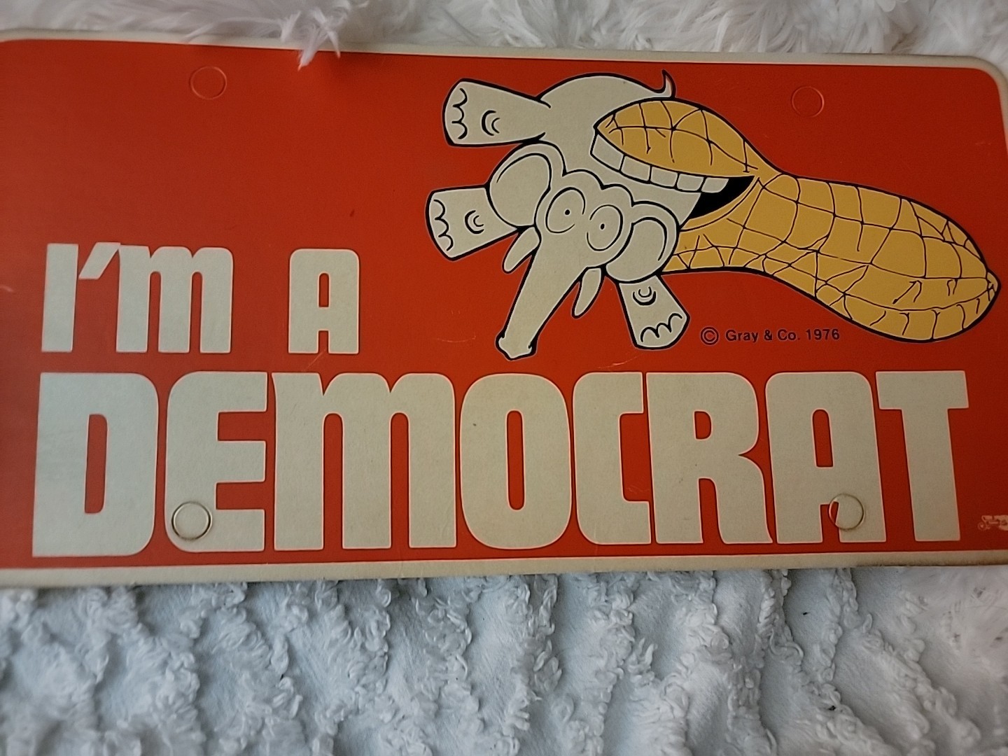 Car Tag I'm A Democrat Thick Card Stock 1976 Peanut Eating An Elephant Car Tag I'm A Democrat Thick Card Stock 1976 Peanut Eating An Elephant