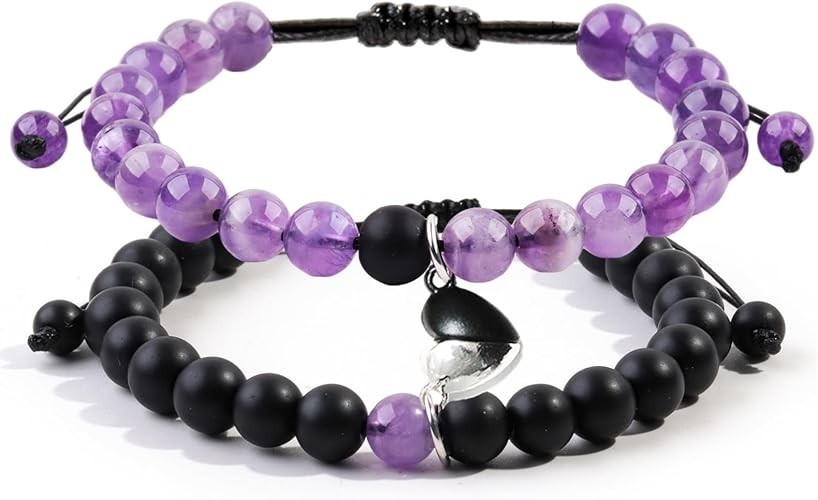 2 Pcs Magnetic Couples Bracelets Matching Bracelets Adjustable Black-Amethyst 2 Pcs Magnetic Couples Bracelets Matching Bracelets Adjustable Black-Amethyst