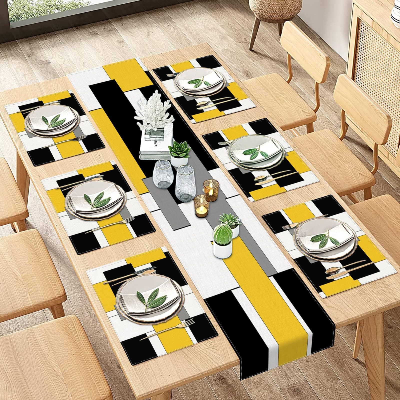 ArtSocket Table Runner and Placemats Set Yellow Black Grey 72 inch 6 pcs ArtSocket Table Runner and Placemats Set Yellow Black Grey 72 inch 6 pcs