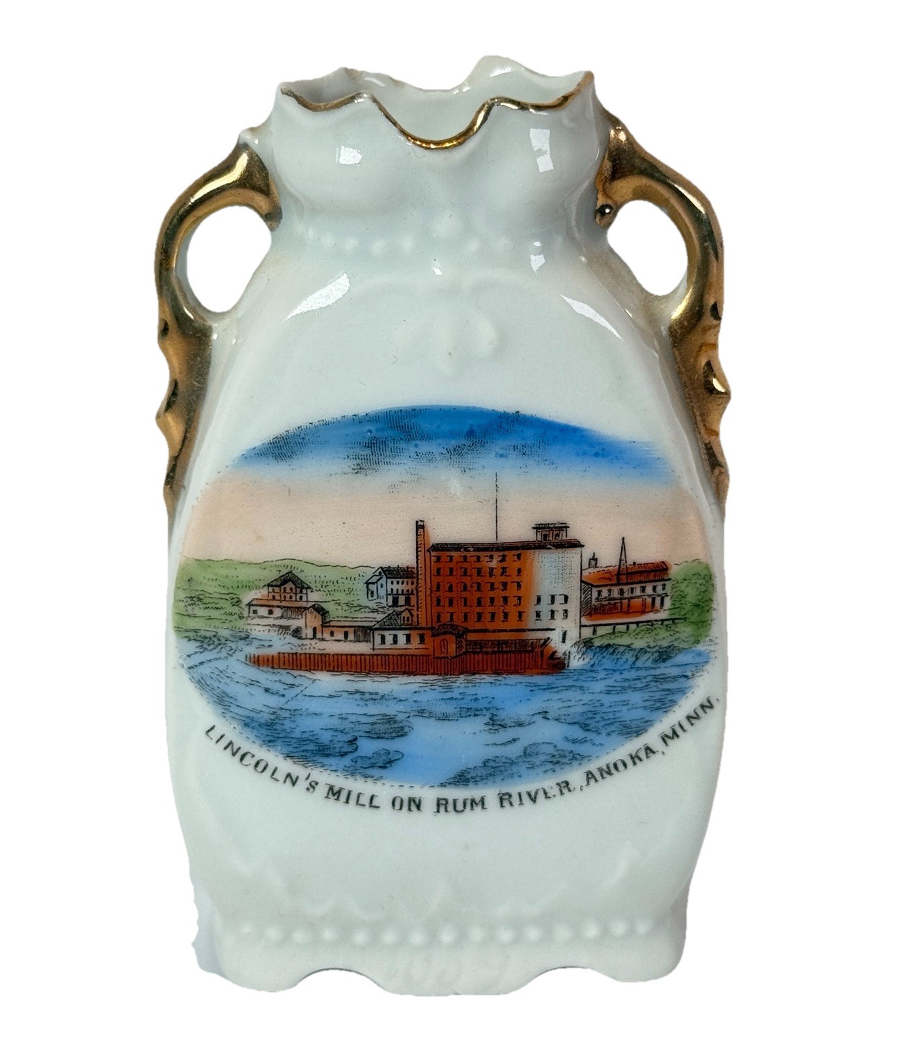 ANOKA MINNESOTA MN Antique LINCOLNS MILL RUN RIVER Souvenir China Vase Trinket ANOKA MINNESOTA MN Antique LINCOLNS MILL RUN RIVER Souvenir China Vase Trinket
