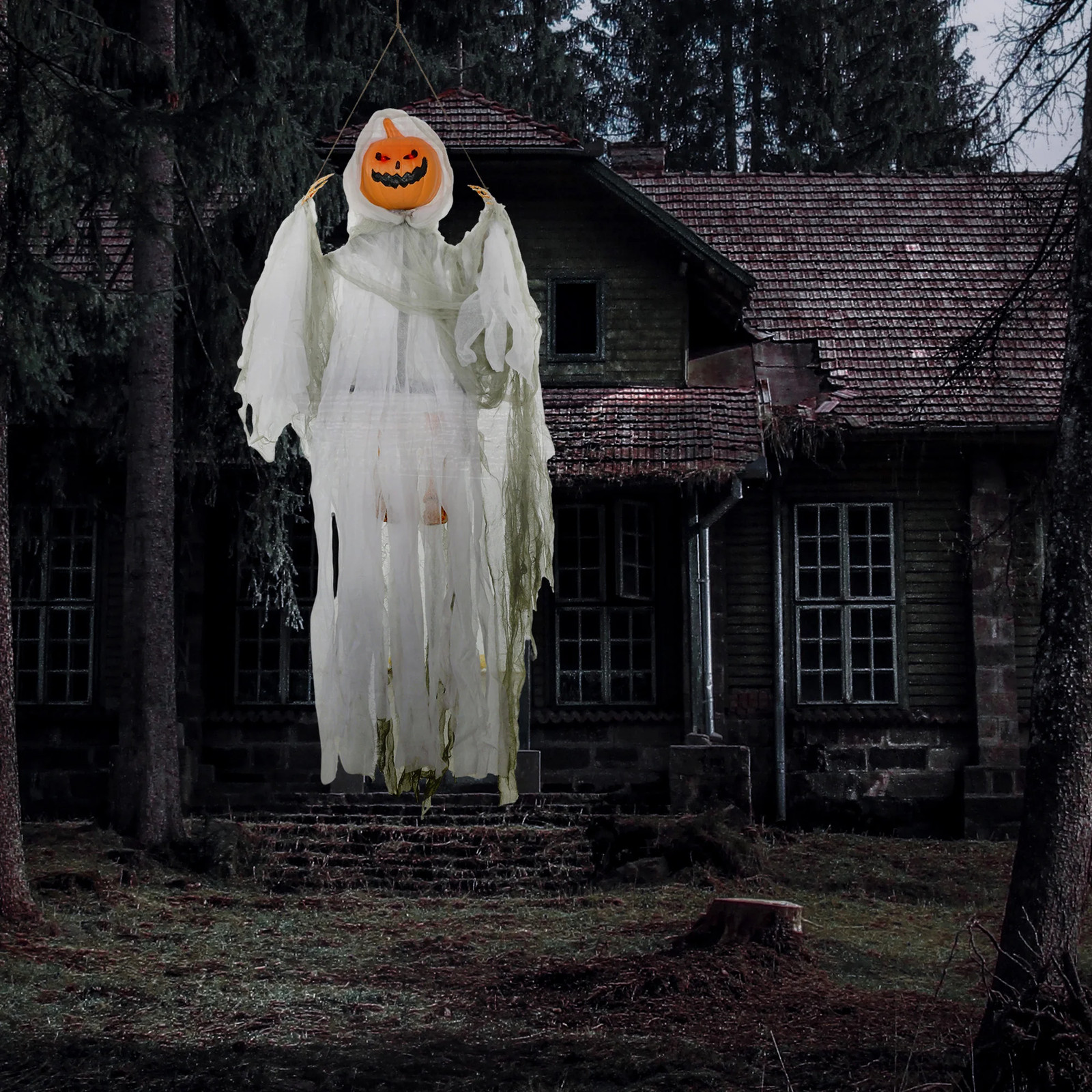 3.9' Outdoor Halloween Hanging Pumpkin Ghost W/ Light Up Eyes, Sound Activated P