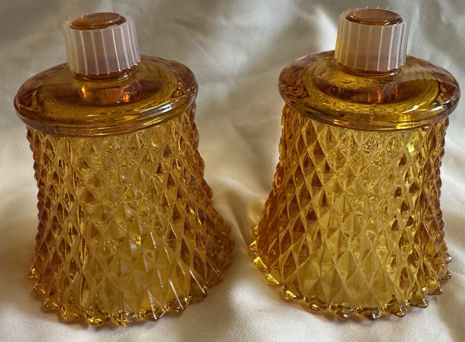 Pair of Vintage Homco Amber Glass Votive Candle Holders Peg Insert Diamond Point Pair of Vintage Homco Amber Glass Votive Candle Holders Peg Insert Diamond Point