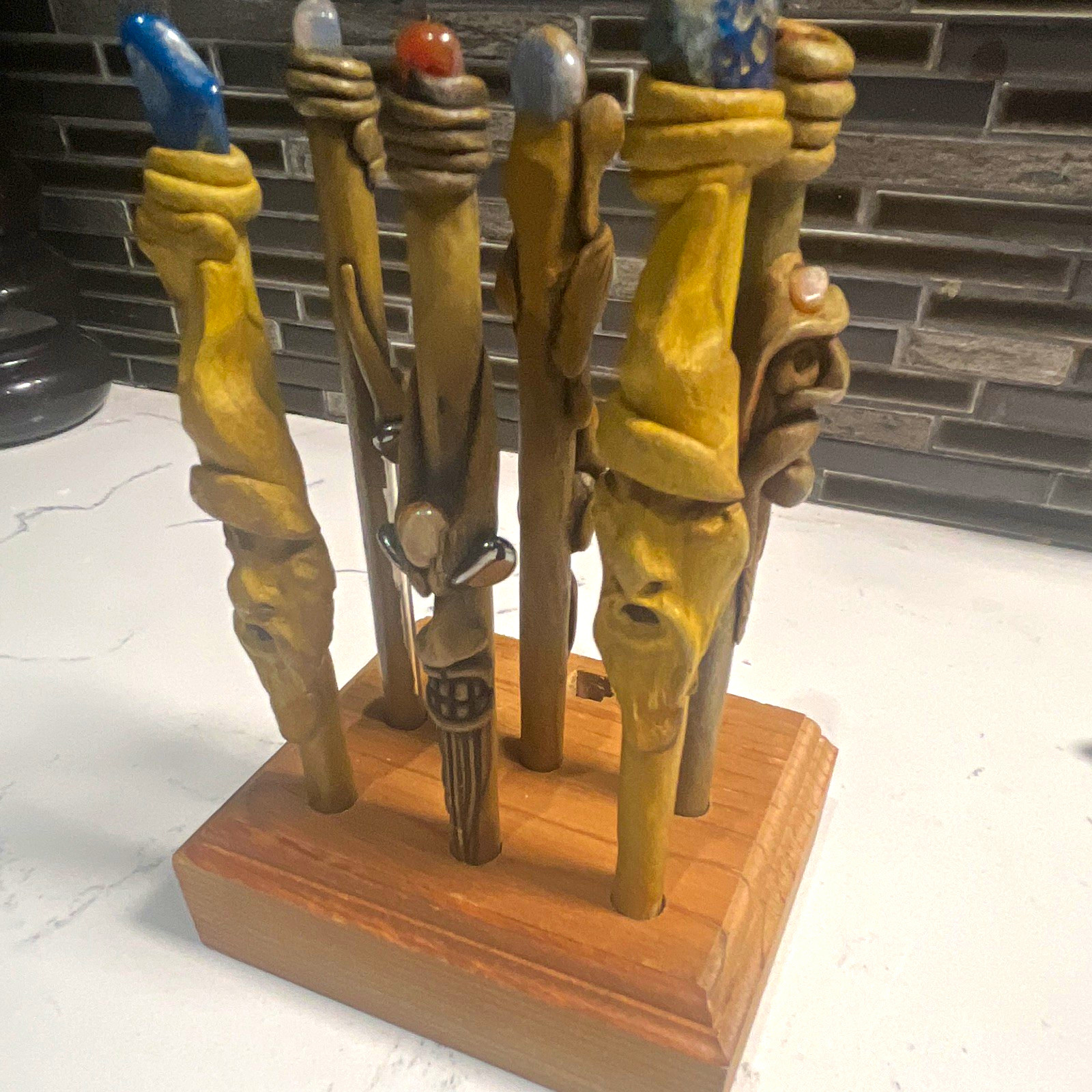 VTG Set of 6  Magic Wand Hard Resin Pens w/Wooden Display Stand - gemstone Tips 