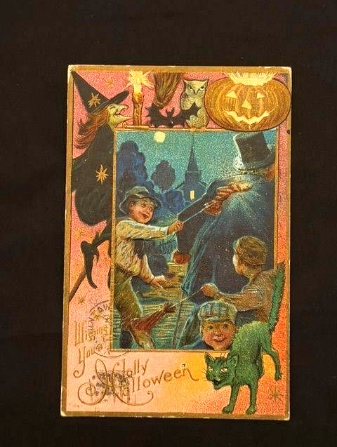 ANTIQUE HALLOWEEN POSTCARD – E. NASH CO. SERIES No. 4 – EMBOSSED GREEN CAT